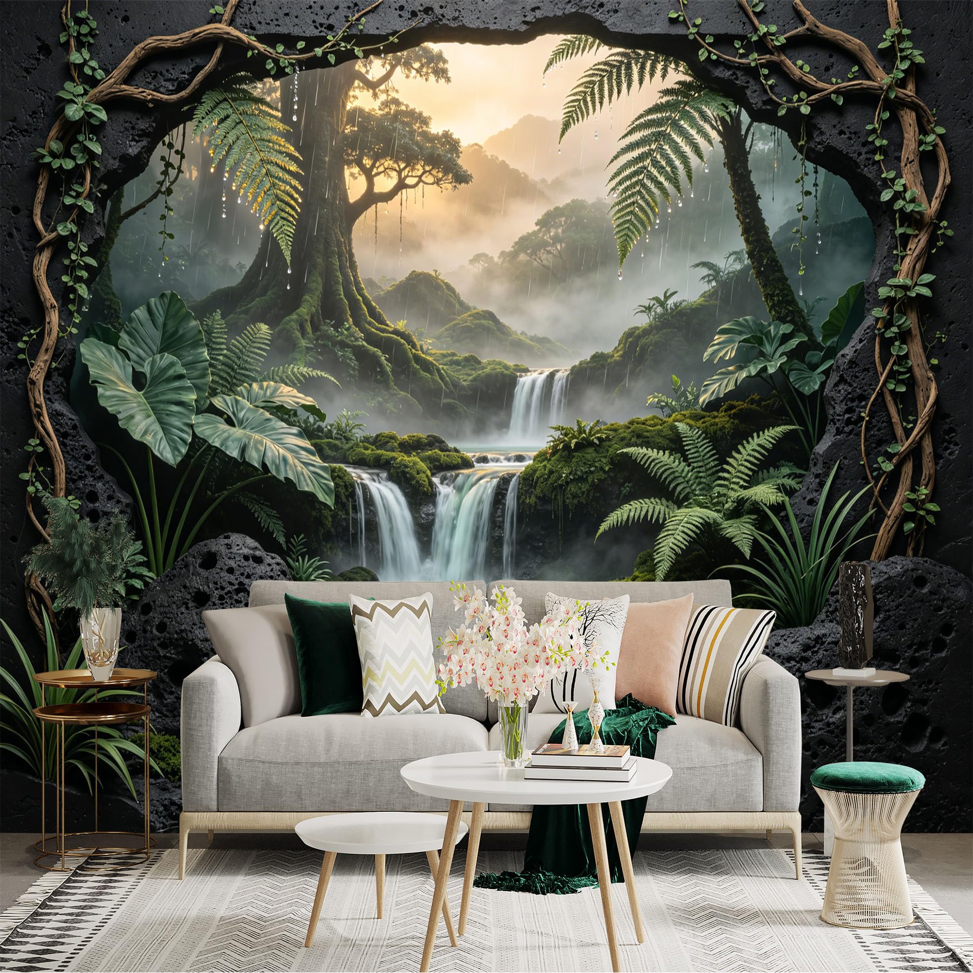 Custom Size Wall Sticker Mural， Tropical Jungle with Waterfalls， Ferns and Misty Mountains， for wall Decoration， peelandstick wall Decals.
