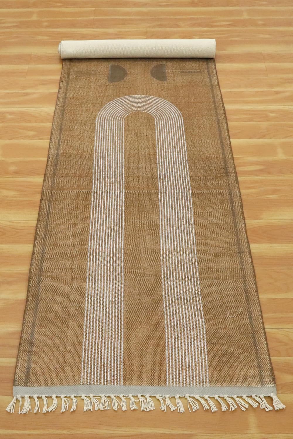 4x20 Kilim Runner Stone Washable Runner Hand Block Printed Cotton Carpet Thick 0.19" Hand Surface Wash Brown & White Flatweave Rug Indoor Outdoor Rugs for Hallway,Staircases,Corridor