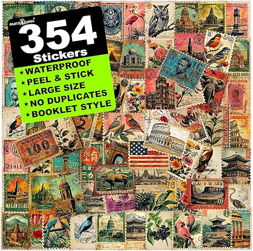 PARTH IMPEX 354 calcomanías de sello postal vintage, calcomanías de vinilo postales falsas antiguas para álbumes de recortes, suministros de diario,