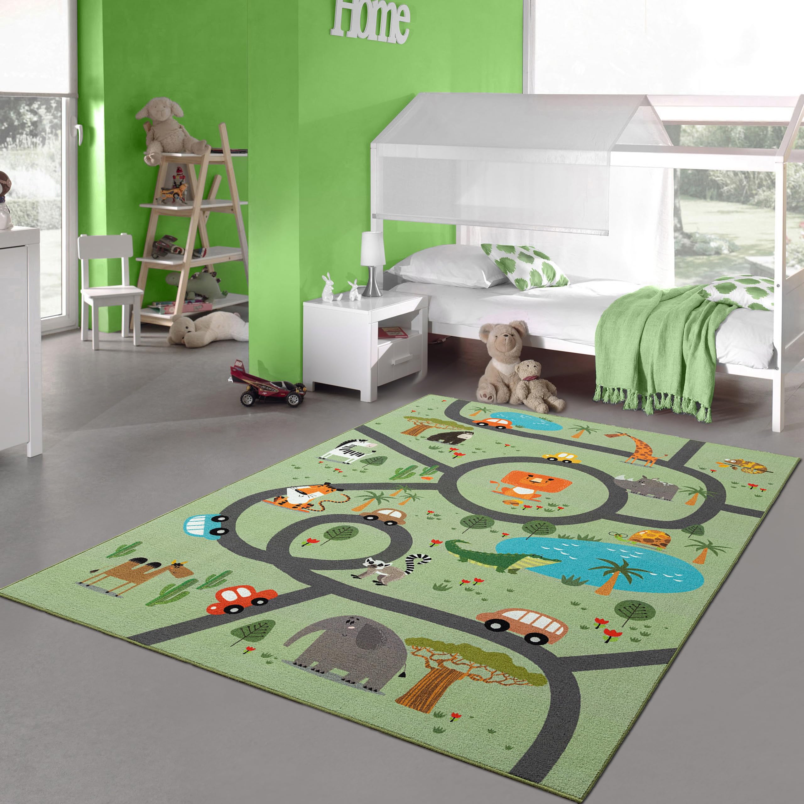 Teppich-Traum Teppich Kinderzimmer Kinderteppich rutschfest Spielteppich Safari Straße Autos Tiere grün Quadratisch 200 x 200 cm