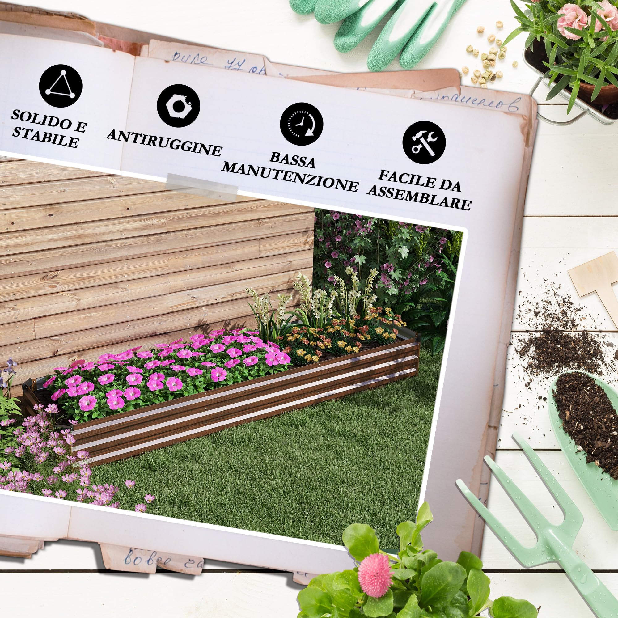 Outsunny Letto per Orto Rialzato 405L 240x60x30 cm Effetto Legno Scuro | da Esterno, Fioriera da Balcone, Acciaio Galvanizzato, Fondo Aperto, per Piante Fiori e Verdure