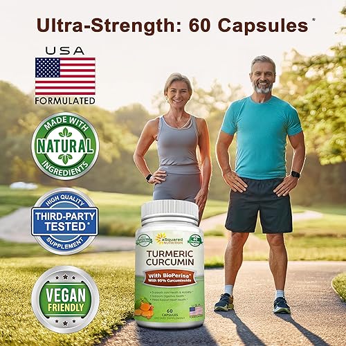 Miniatura 2 de aSquared Nutrition Curcumina de cúrcuma de 1300 mg con suplemento de extracto de pimienta negra BioPerine - 60 cápsulas - con 95% de curcuminoides -