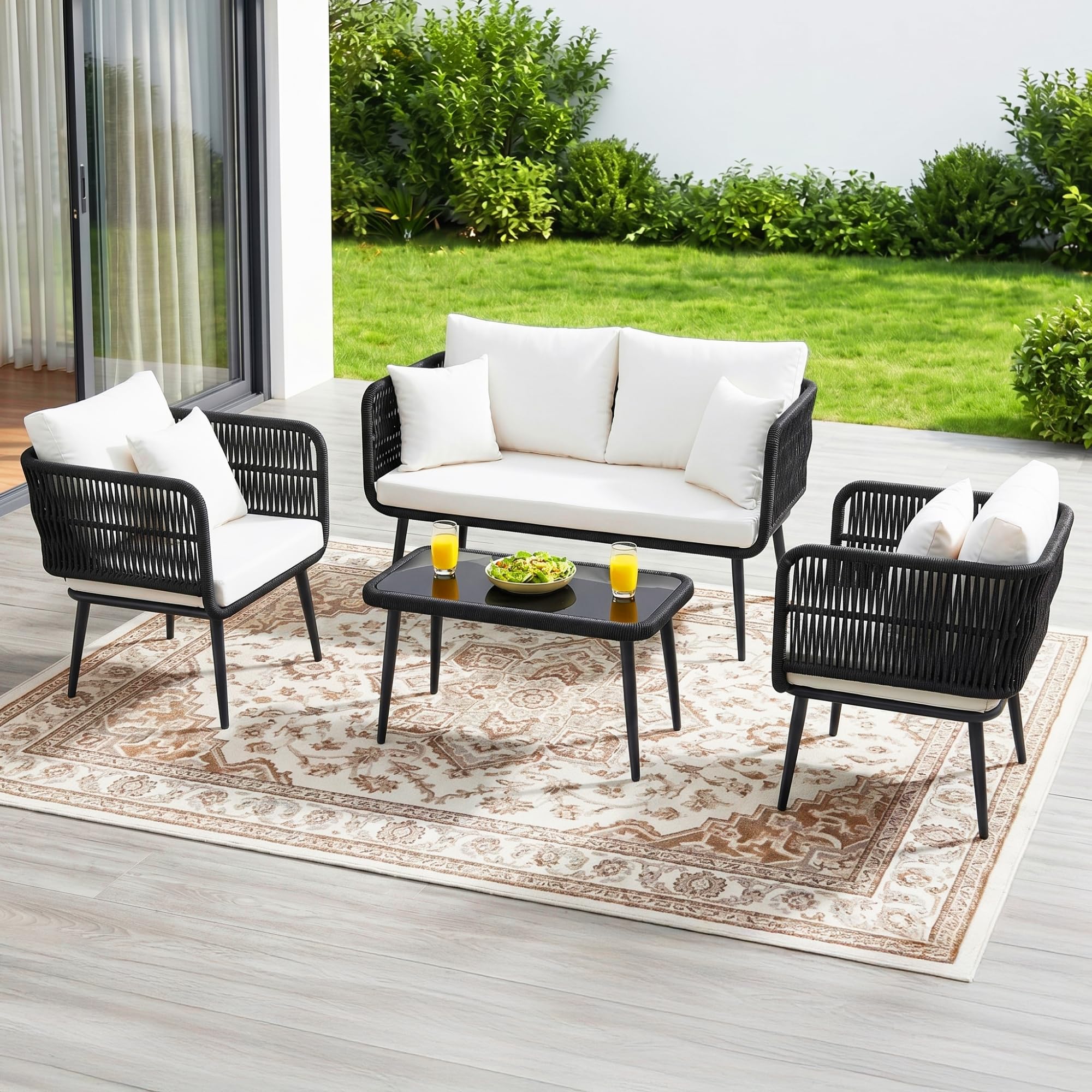 DEVOKO Arden Outdoor Rope Patio Sofa Set – 4 Seater Garden Conversation Furniture with Coffee Table for Balcony, Lawn, Garden, Deck & Patio (Black & White)