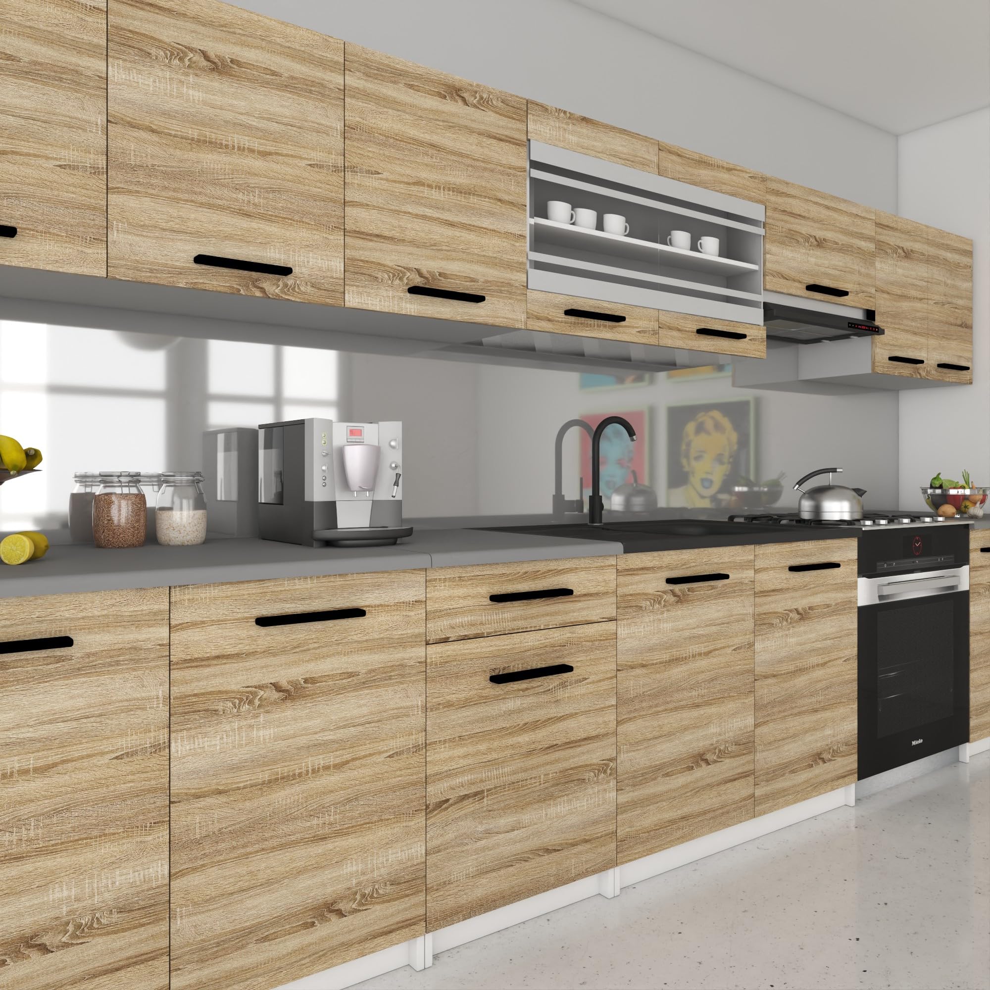 Belini Italia 3 Liniowa szafka kuchenna 320cm Dąb Sonoma | ECONATURA DECOR Liniowa szafka kuchenna, szafka, bez sprzętu AGD, z blatem roboczym
