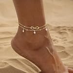 Bracelets en or/argent pour femmes imperméables,14k Ensemble de chevilles plaquées or Pearl Cuban Leaf Dainty Anklets Summer Beach Bijoux Cadeau