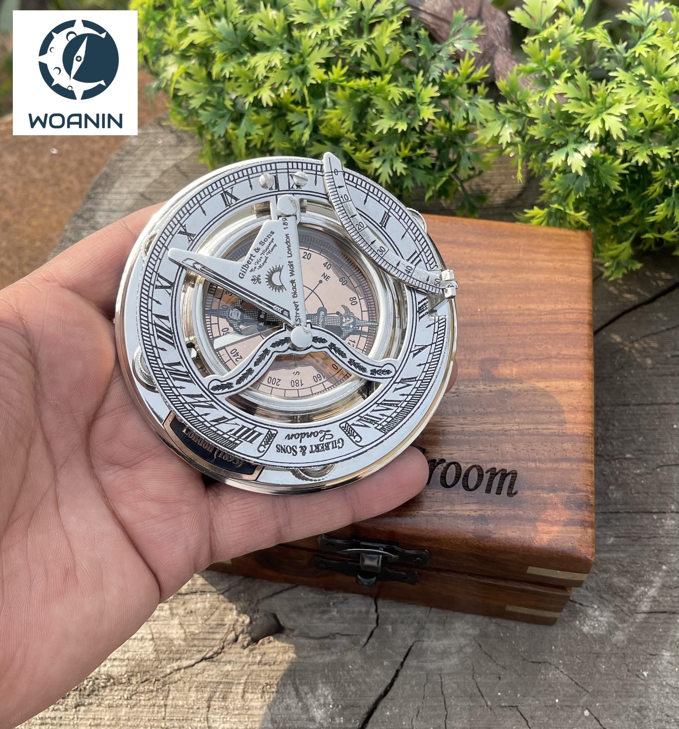 Bussola con meridiana in ottone, regalo personalizzato per uomo, bellissimo orologio con meridiana fatta a mano, orologio solare inciso per lui, decorazione antica (WOANIN)