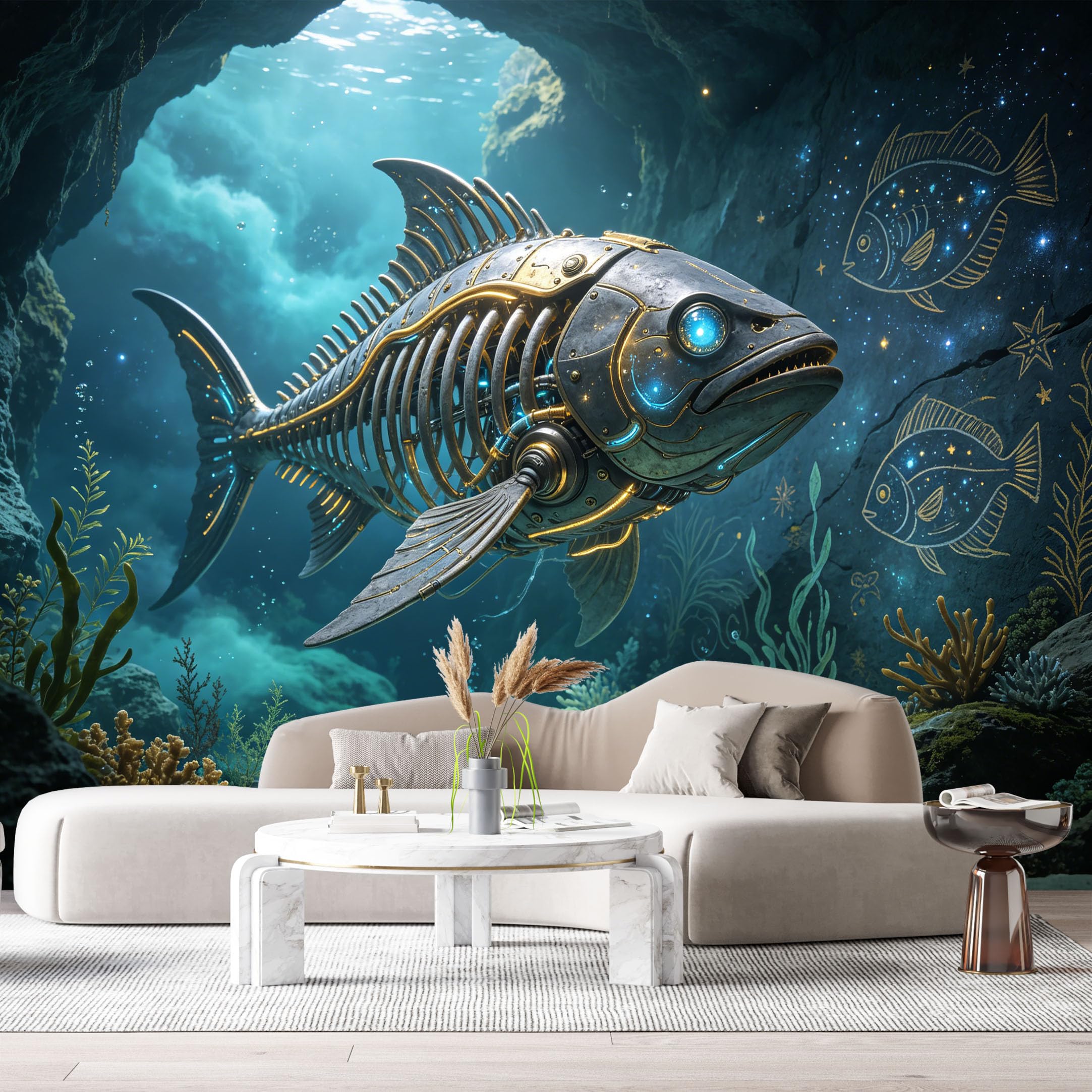 Custom Size Wall Mural Mechanical Fish Underwater SciFi Steampunk Art 3D Textured Metal Armor SelfAdhesive Art Prints Removable Large Wallpaper Esports Room Game Room Tenant Room Studio