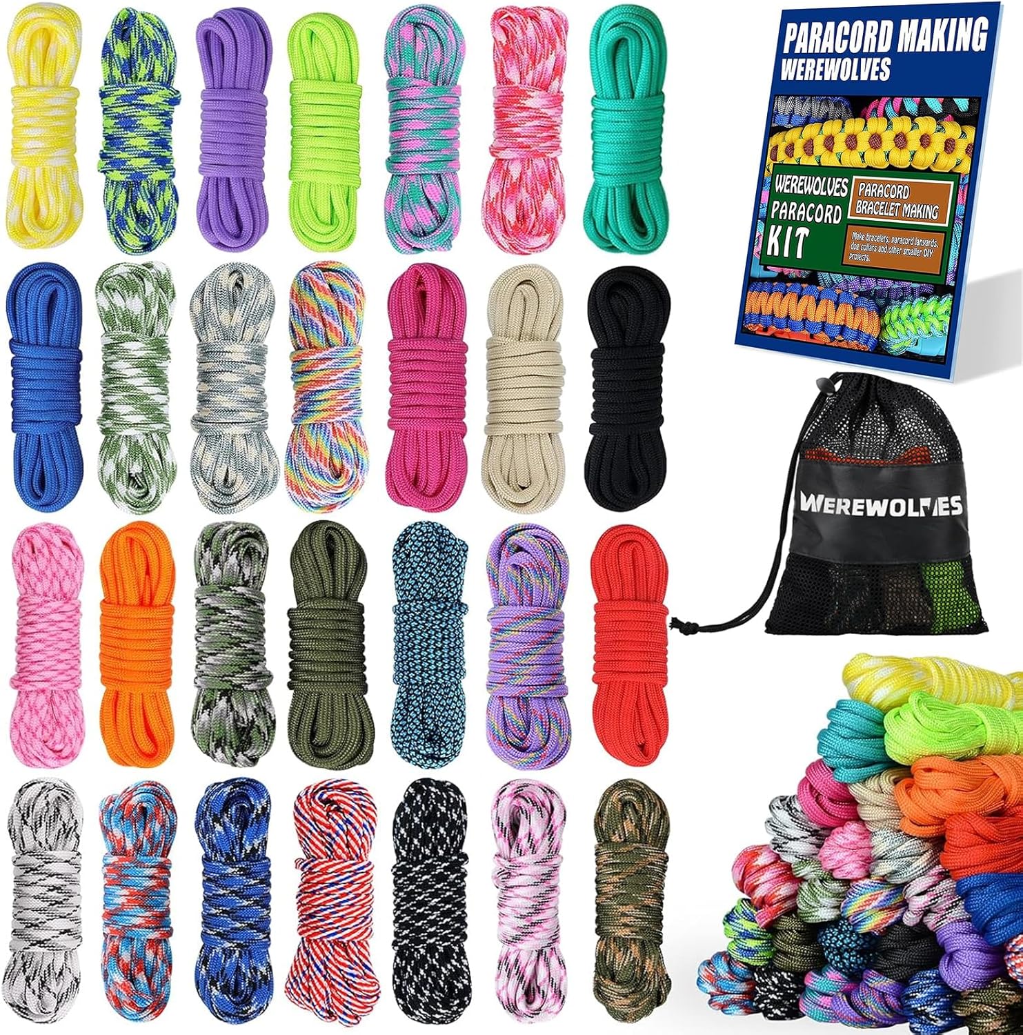 Product image of WEREWOLVES 28 Colors Paracord 550 Combo Crafting Kits with Instruction - Multifunction Survival Parachute Cord Making Paracord Bracelets, lanyards - 10 Feet Each Paracord Rope