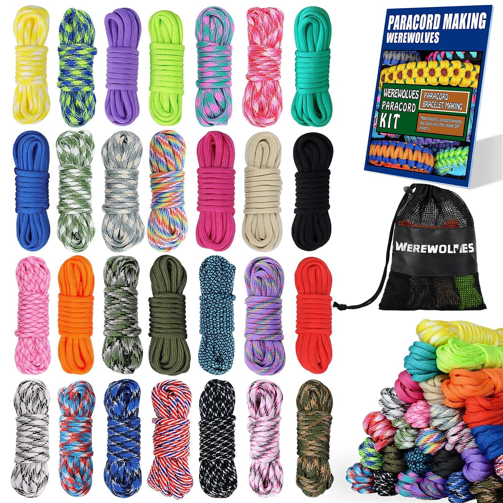 WEREWOLVES 28 Colors Paracord 550 Combo Crafting Kits with Instruction - Multifunction Survival Parachute Cord Making Paracord Bracelets, lanyards - 10 Feet Each Paracord Rope