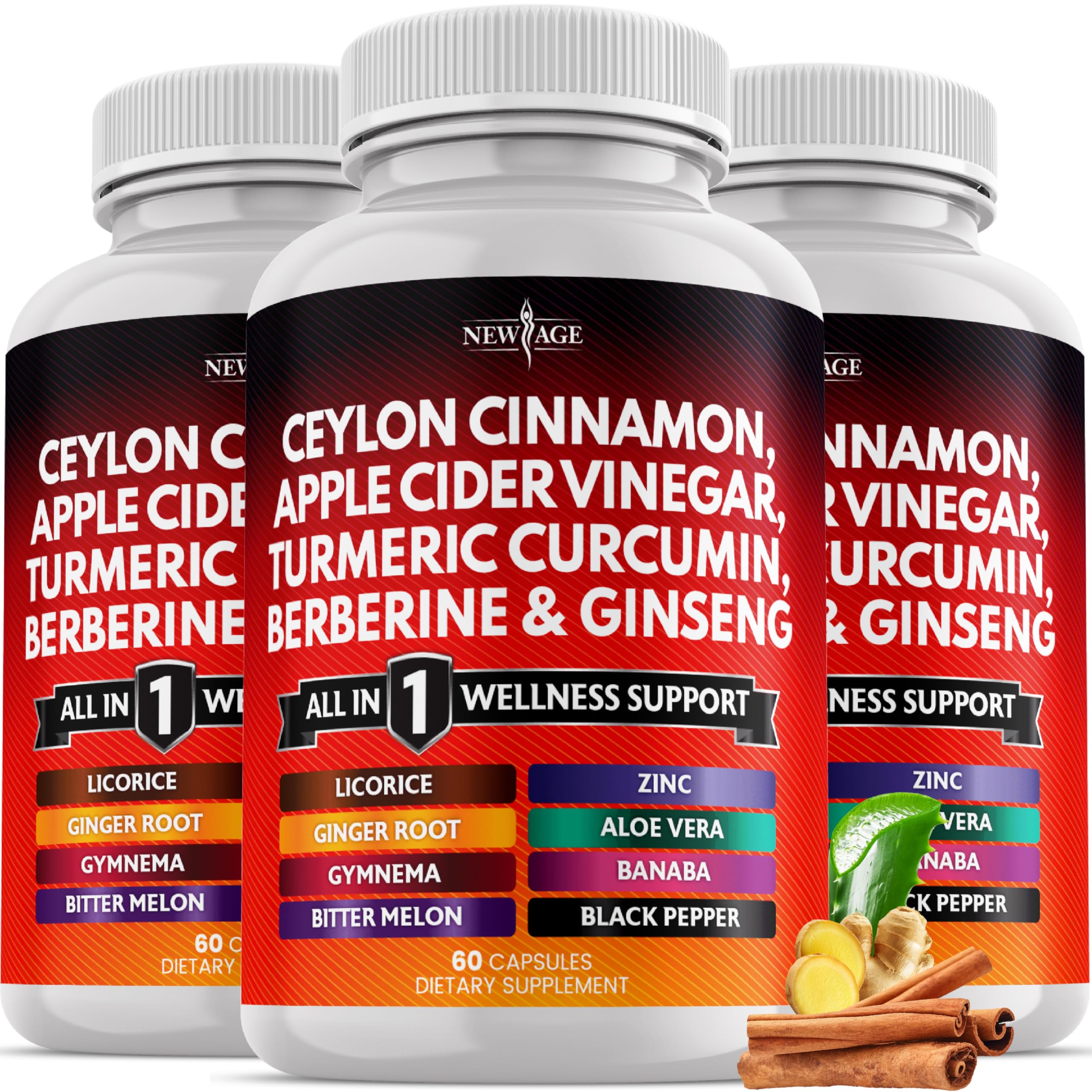 NEW AGE Suplemento Fitoterápico de Canela com Canela-do-Ceilão, Cúrcuma, Vinagre de Maçã, Ginseng, Babosa, Berberina, Banaba e Gengibre, 180 cápsulas, pacote com 3