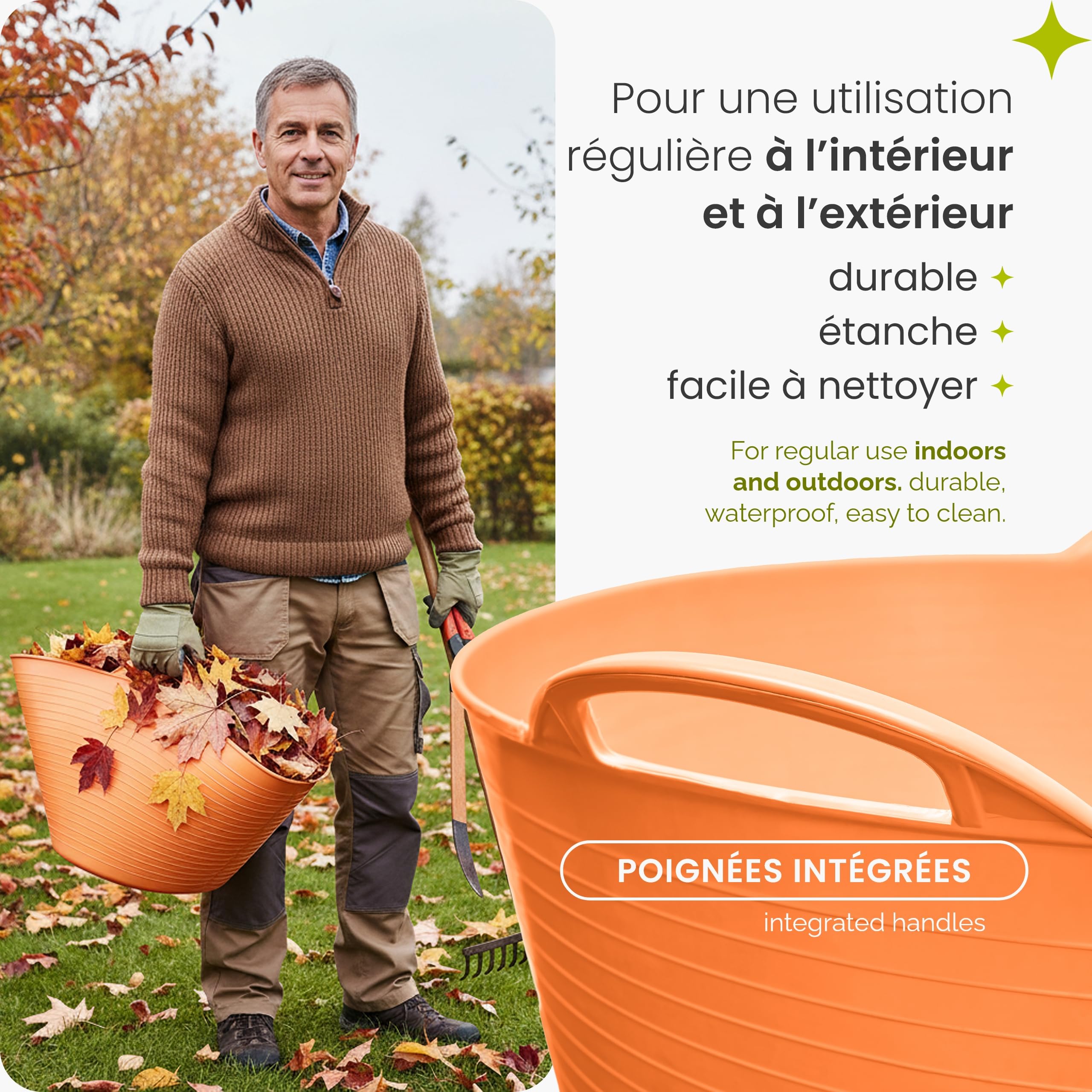 Garronda Lot de 4 seaux flexibles en polypropylène 42 L bacs universels usage maison jardin garage atelier coffre rangement transport poignées intégrées robustes GD-0184, Orange