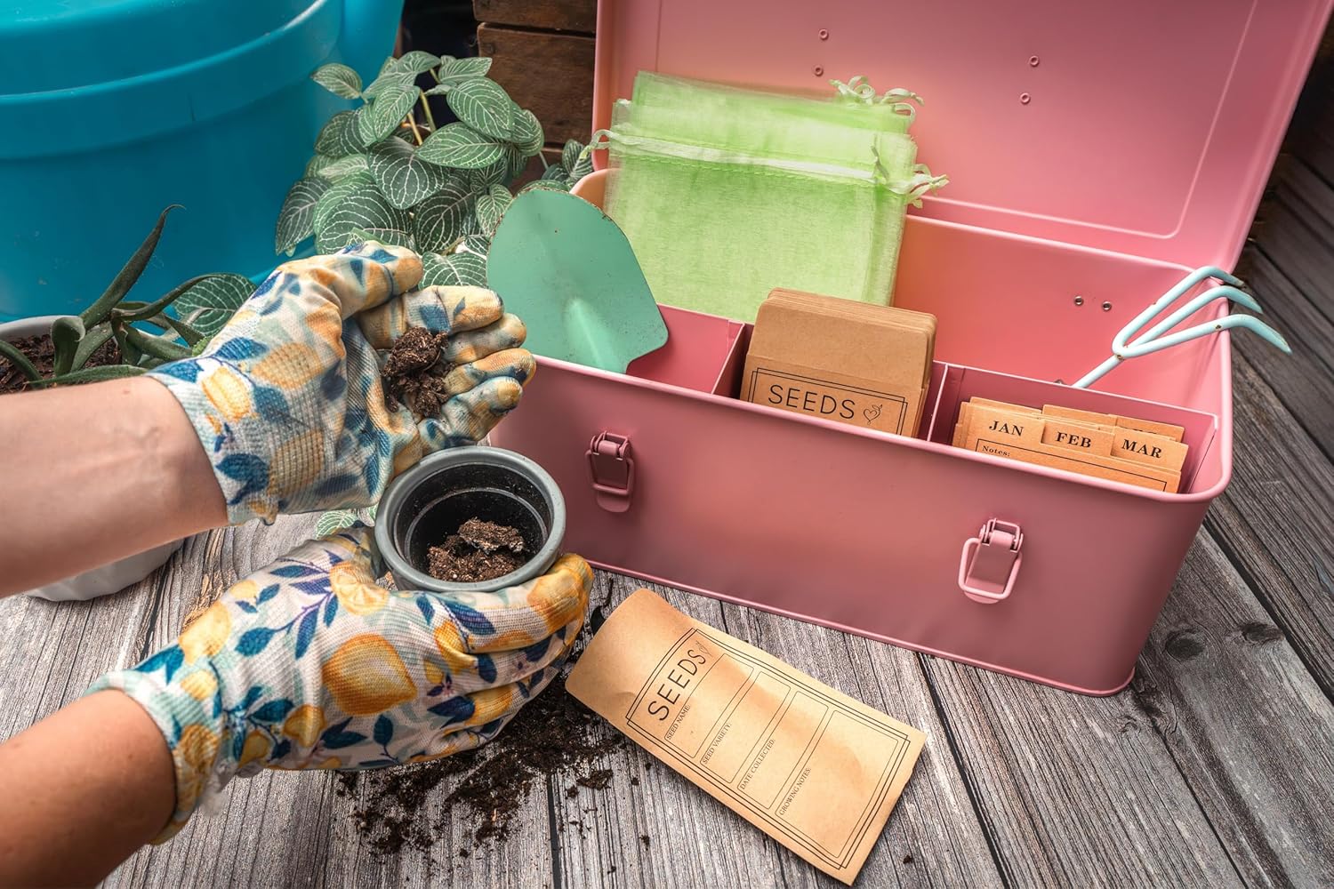 Seed Storage Organizer –Waterproof Metal Seed Box with Storage Bags, Dividers, 4 Compartments with Lid and Safety Locks , Portable Side Handles, Perfect for Garden Seeds, Lables & Tools -Matte Pink