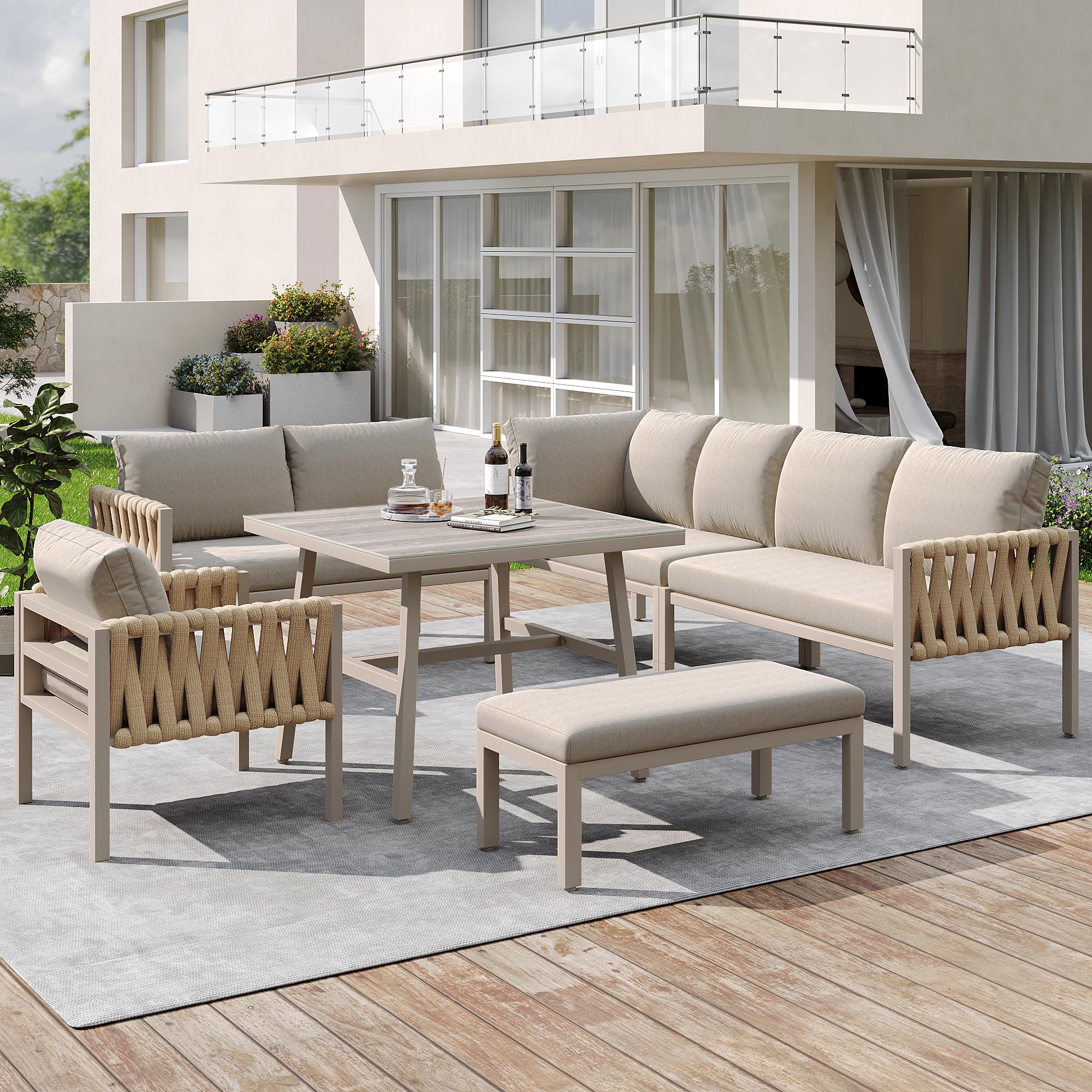 Ensemble Salon de Jardin Extérieur 8 Places Table Verre Trempé Métal Galvanisé Coussins Kaki 238x61x78 cm