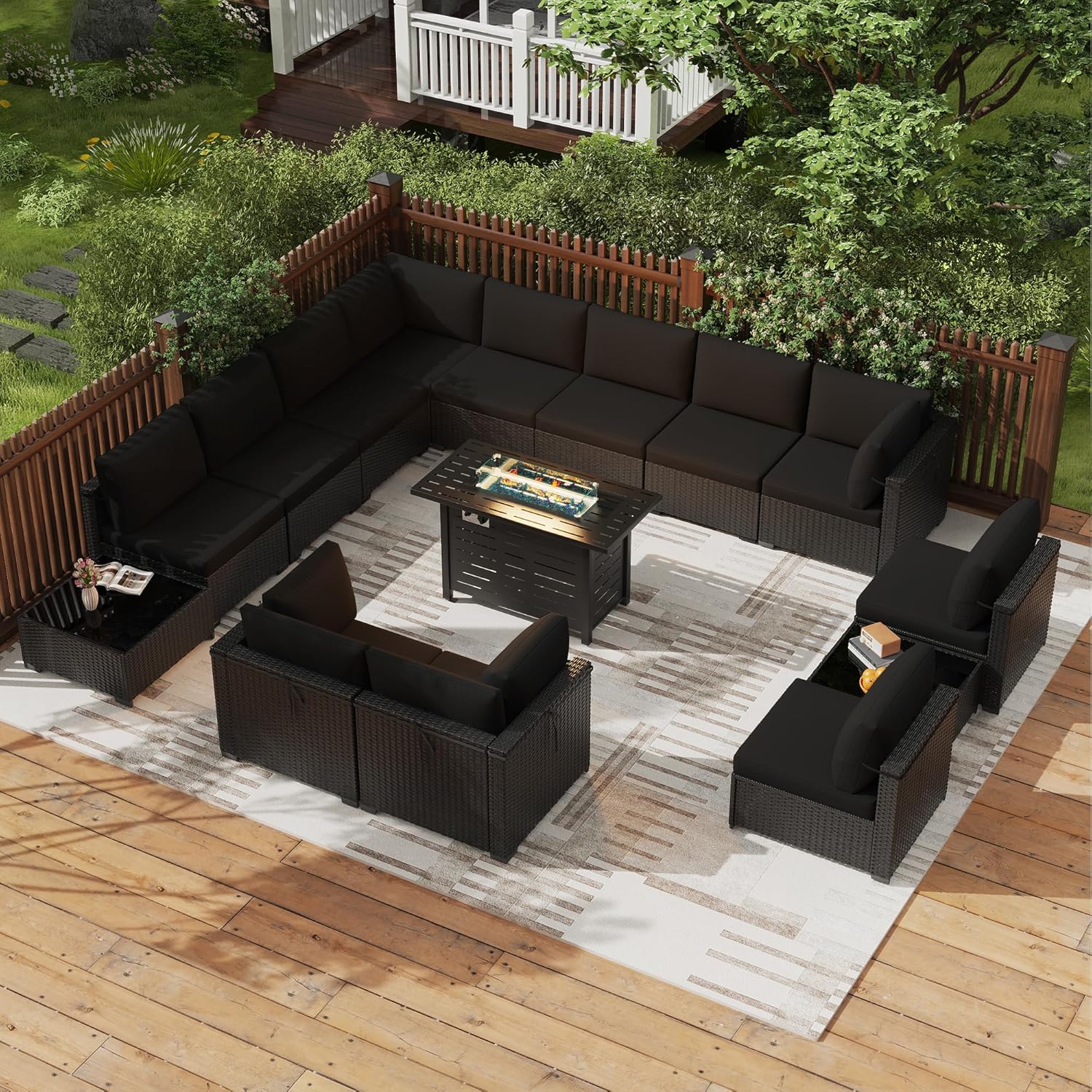 KIGOTY Patio Furniture Set with Fire Pit Table, 15 Pieces Outdoor Furniture Set with 43 Inch Gas Fire Pit and Coffee Table, PE Rattan Patio Conversation Sofa Sets（Black/Black）