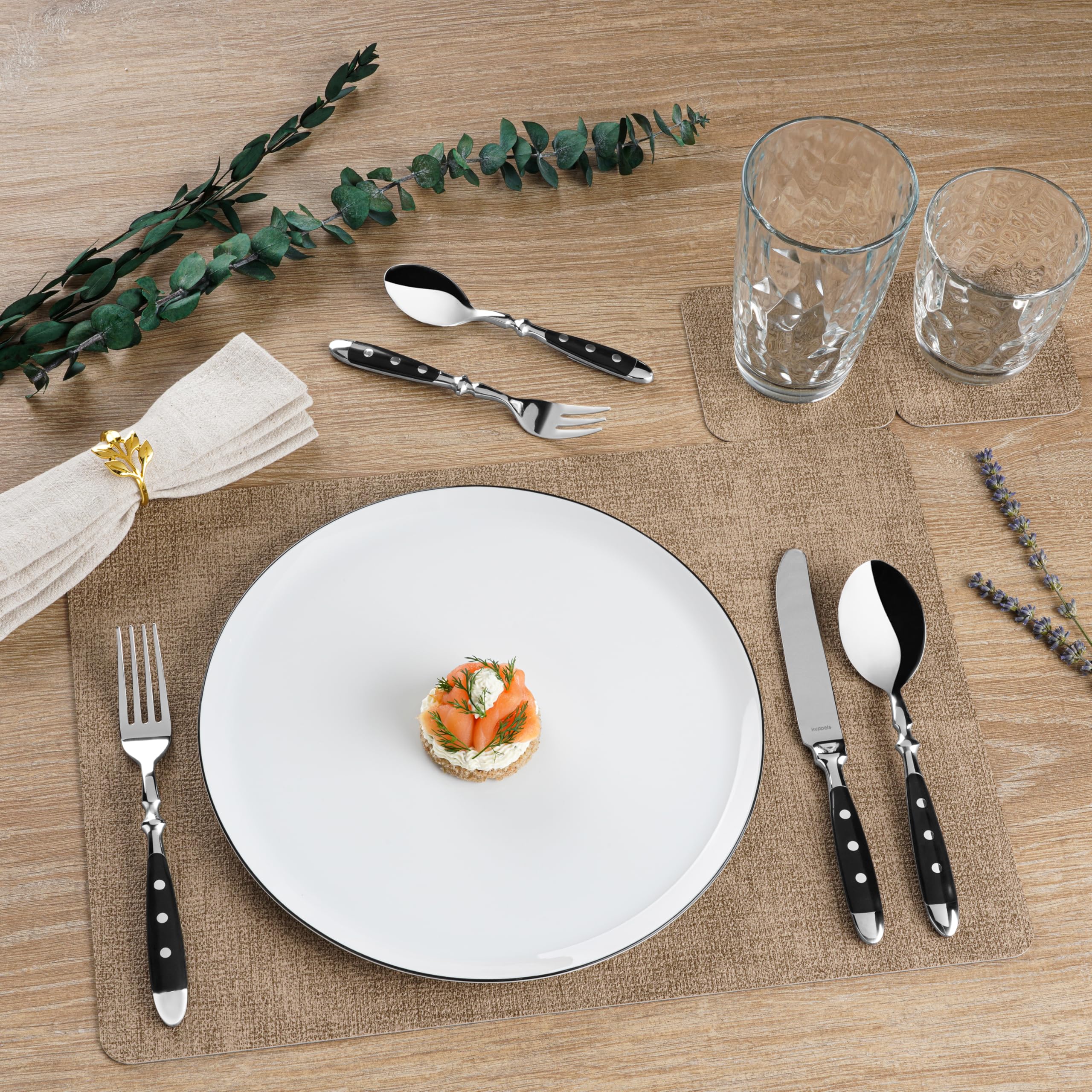 Kuppels COUNTRY - Cubertería para 6 personas, 30 piezas, 6 cuchillos, tenedores, cucharas, cucharas de café, tenedores de postre, acero inoxidable 18/0 pulido brillante, apto para lavavajillas, asas