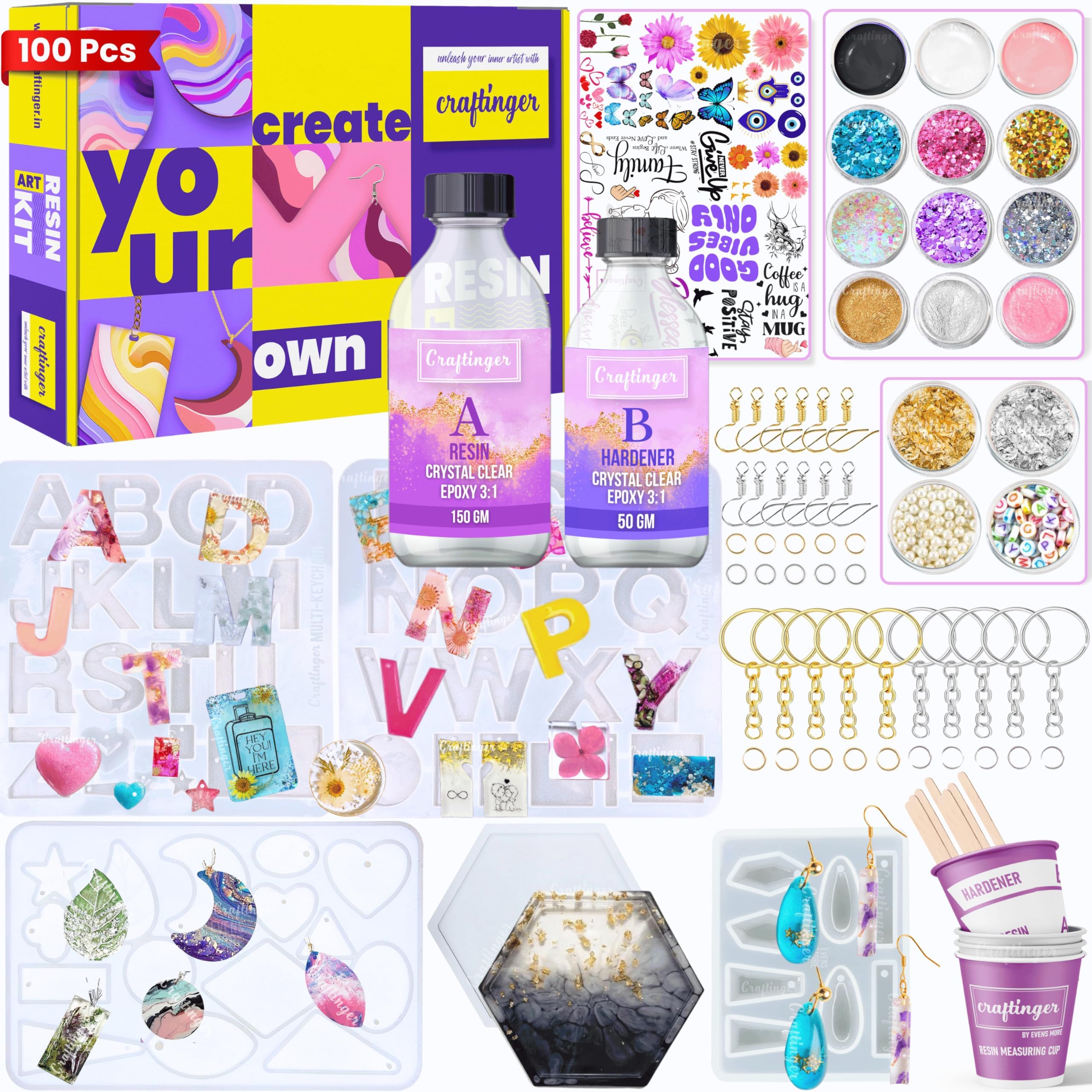 Craftinger DIY 85 Pcs Pro Resin Art Kit with 200 Gm Resin and Coasters Alphabet Keychain Earring Making Kit with Pigment Glitter Mica and More, Multicolour