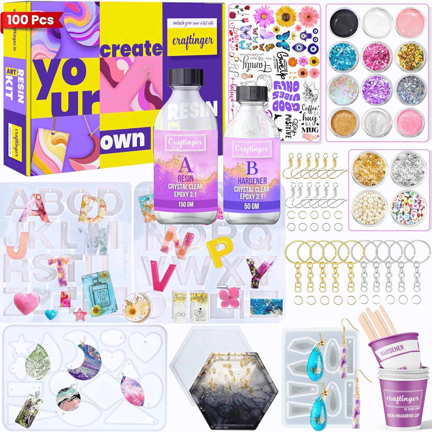 Craftinger DIY 85 Pcs Pro Resin Art Kit with 200 Gm Resin and Coasters Alphabet Keychain Earring Making Kit with Pigment G