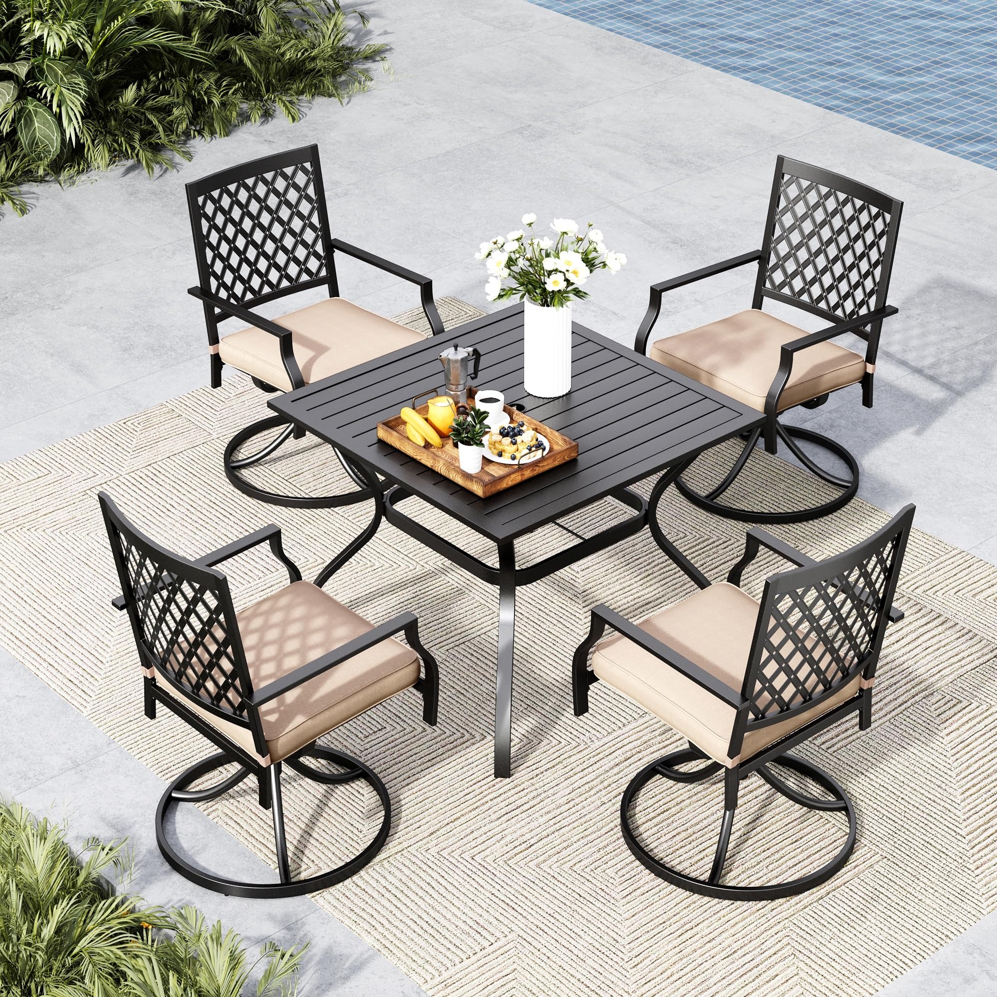 MFSTUDIO 5 PCS Metal Outdoor Patio Furniture Dining Set with 4 Metal Swivel Chairs and Square Dining Table with Umbrella Hole, Black