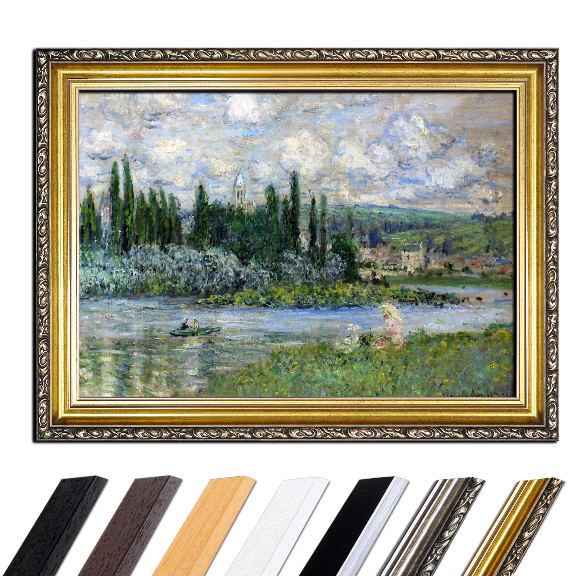 Tableau avec Cadre - Claude Monet Vue de Vétheuil sur Seine 80x60 cm - Toile Encadrée Anciens Maîtres - Cadre Antique Or Baroque Classique