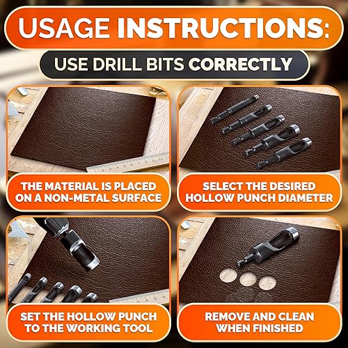 Miniatura 5 de Juego de herramientas para perforar agujeros de cuero, 6 brocas de 3/16 pulgadas, 1/4 pulgadas, 5/16 pulgadas, 3/8 pulgadas, 7/16 pulgadas, 1/2