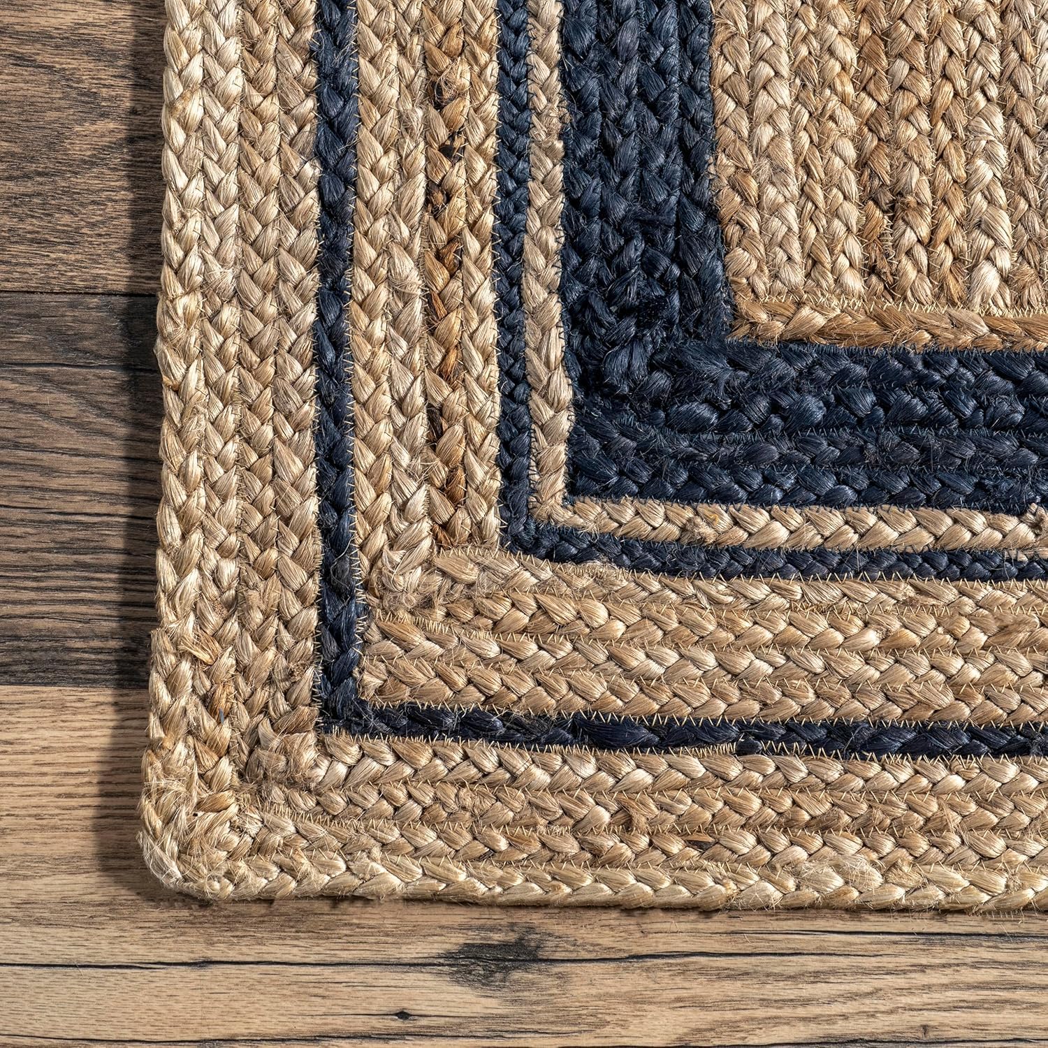 Tapis de sol en jute naturelle tressé à la main avec cadre bleu marine, tapis de table centrale, 1,5 x 2,4 m