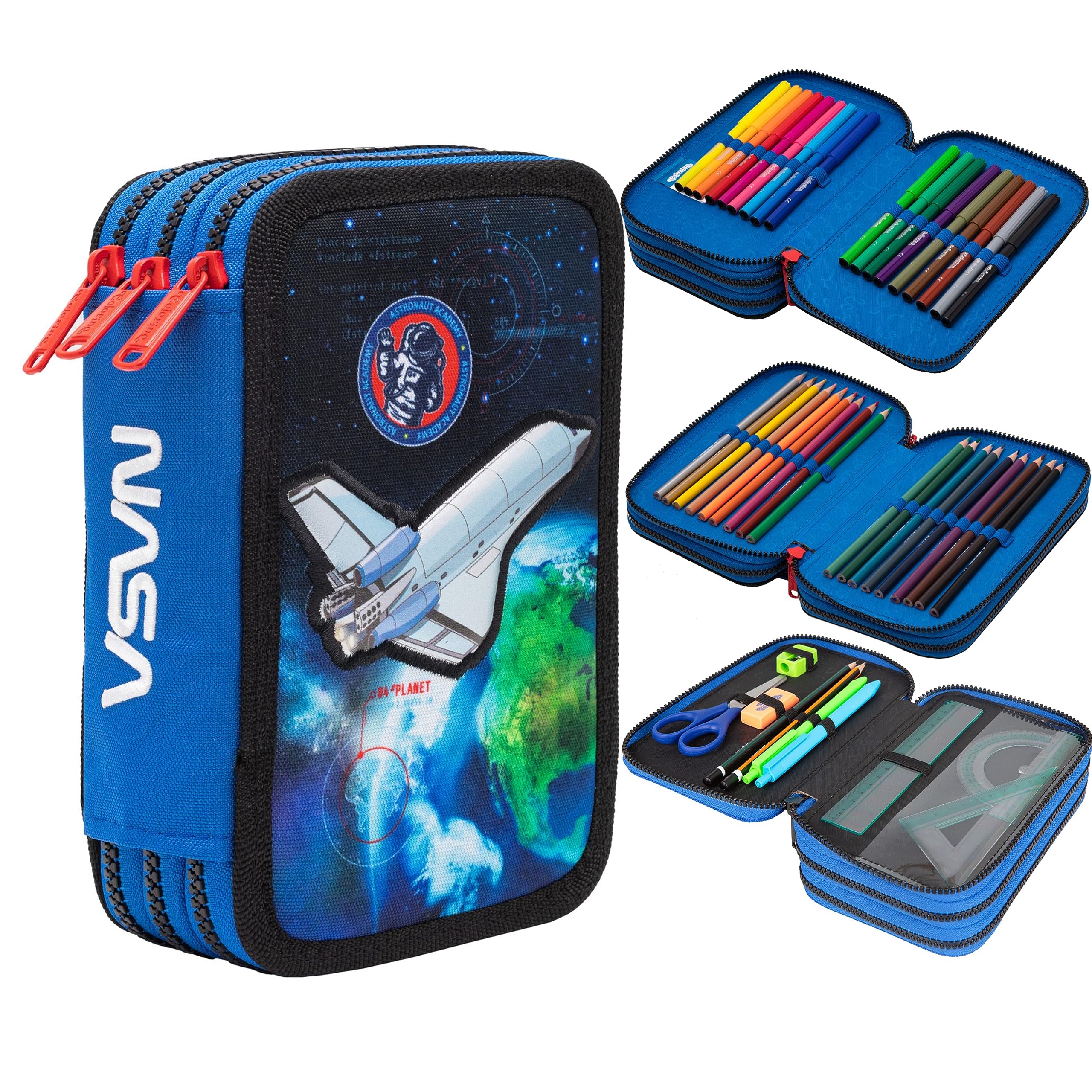 Goldkids Federtasche 3-fache Federmappe Colorino NASA Federmäppchen 46-teilig gefüllte Schüleretui Stifte und Pinsel inkl. Aufgabenheft Federbox Etui Stiftetasche Schlamper-Etui Schul-Etui