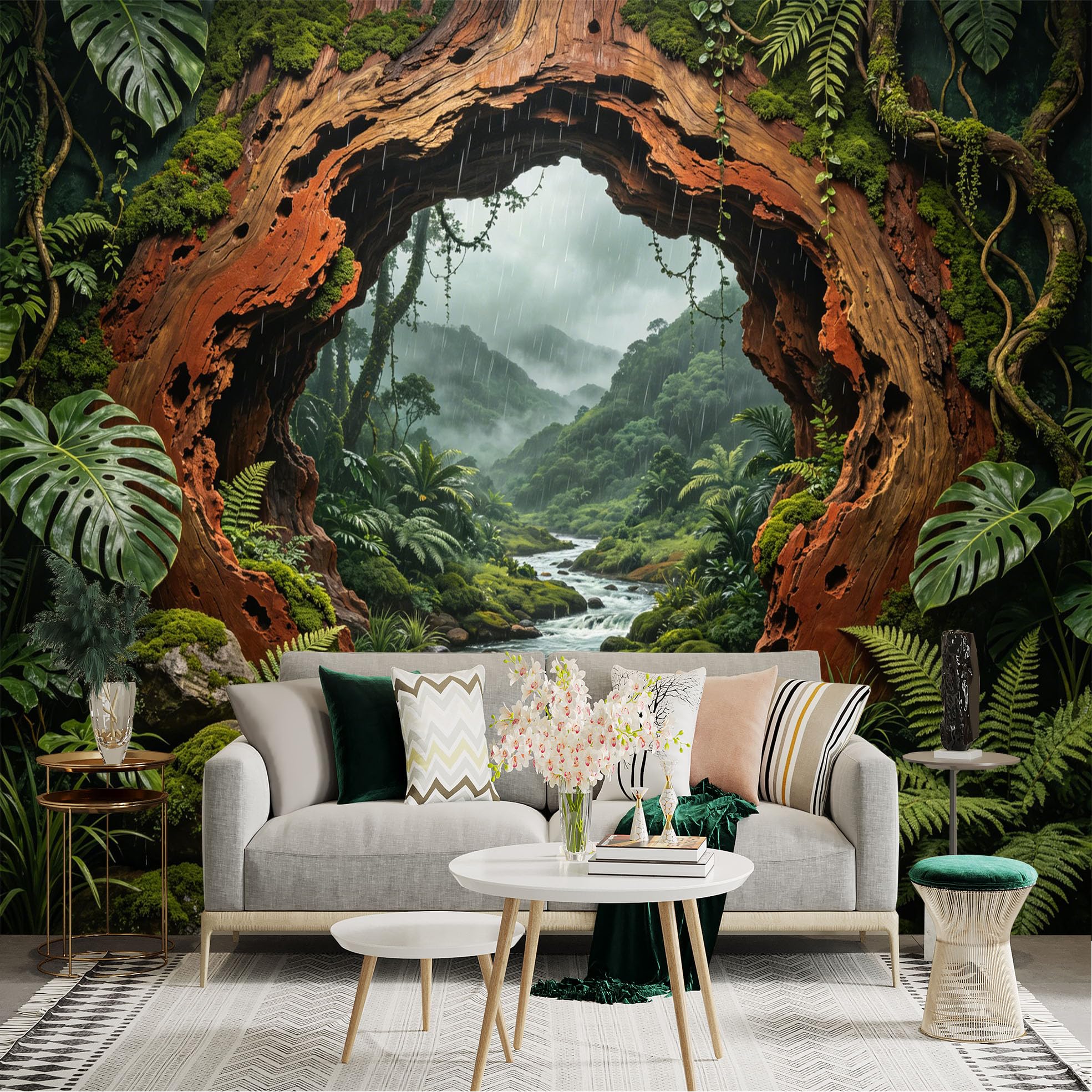 Custom Size Wall Sticker Mural， Rainforest Landscape with River， Mossy Rocks and Tropical Plants， for wall Decoration， peelandstick wall Decals.