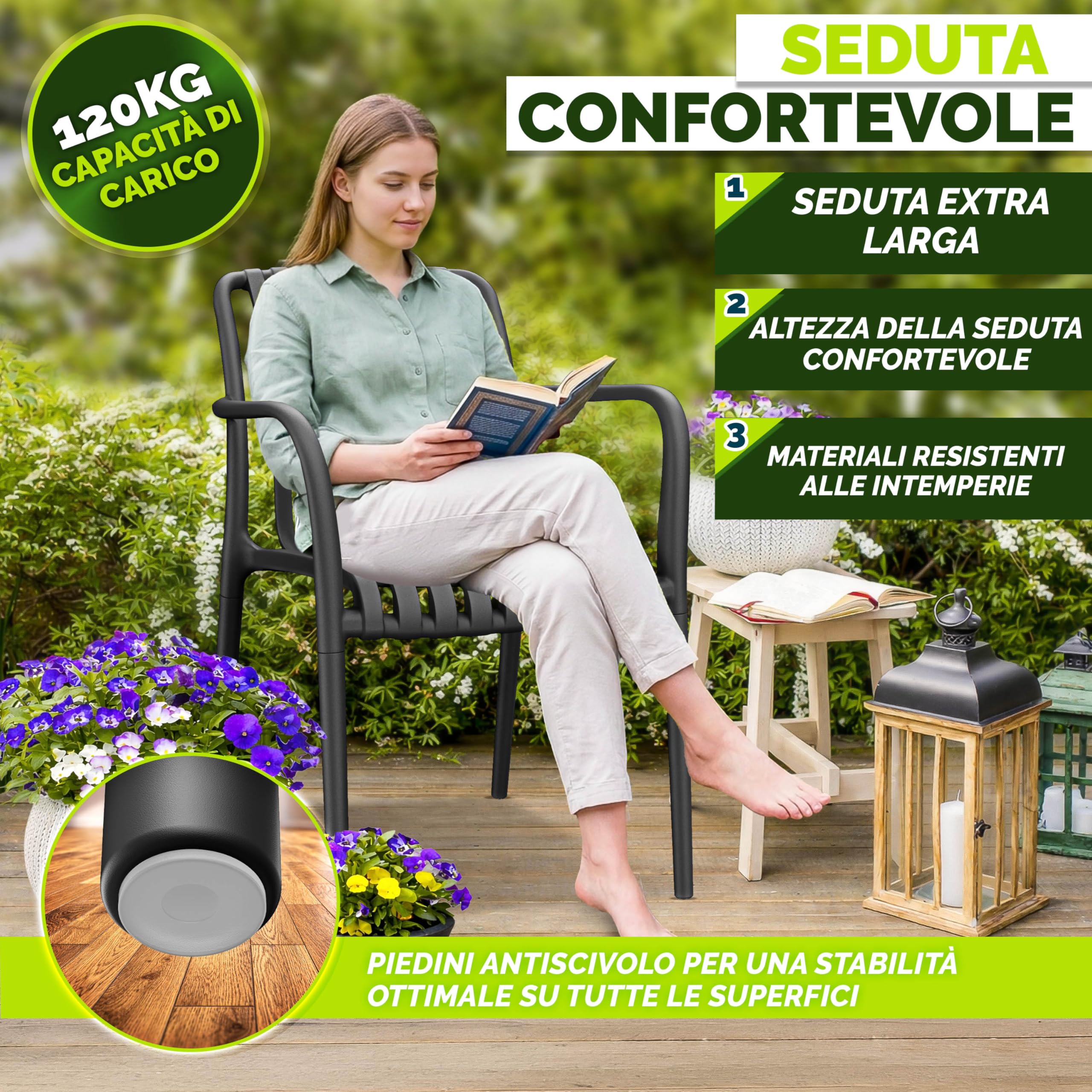 Tillvex Set di 4 Sedie da Giardino Impilabili Resistenti alle Intemperie 120 kg per Esterni Terrazzo Balcone