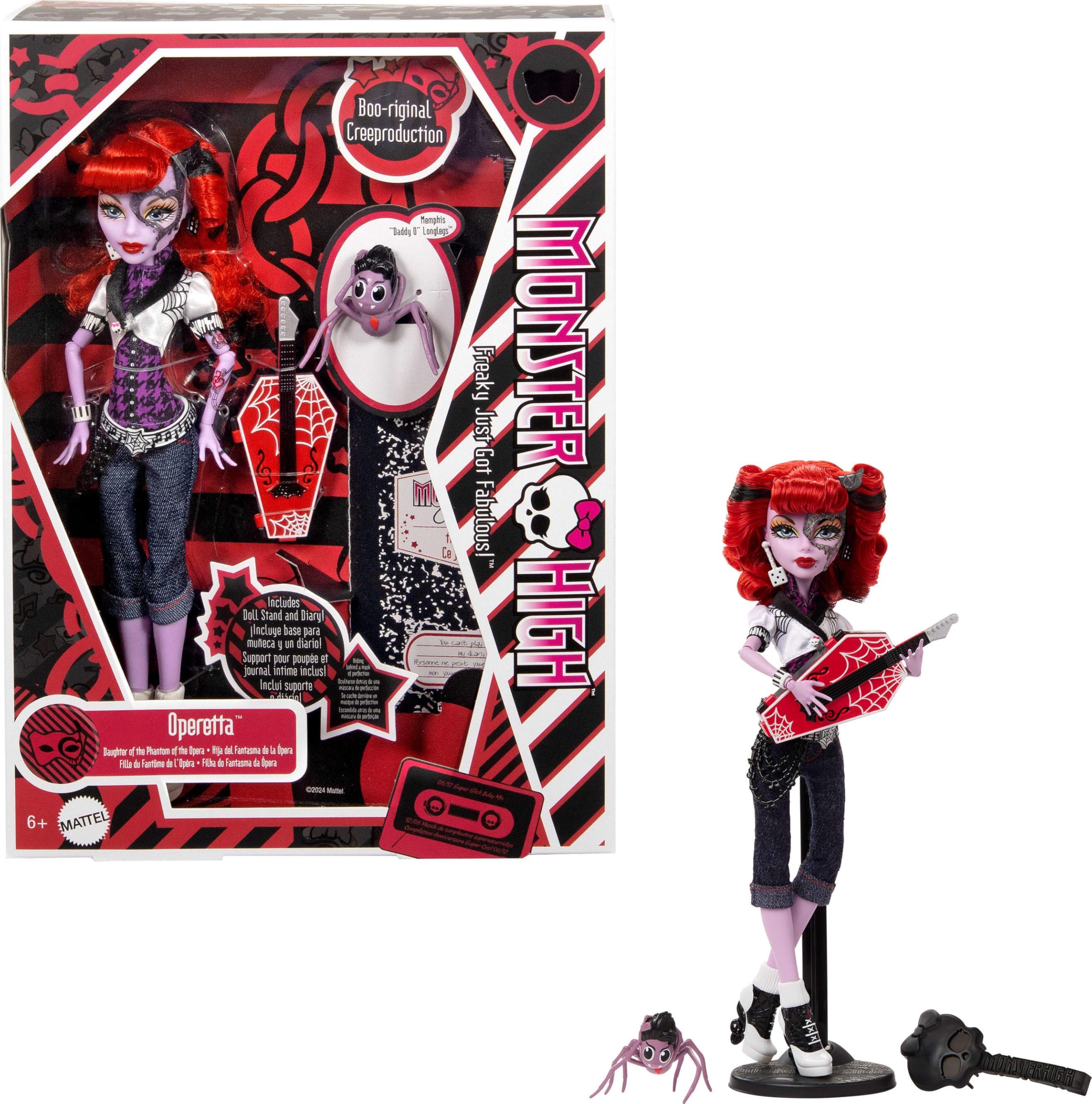 Monster High Boo-riginal Creeproduction Operetta Collectible Doll with Diary, Memphis Daddy O Longlegs Spider and Pedestal Toy for Children 6+ Years HYV90