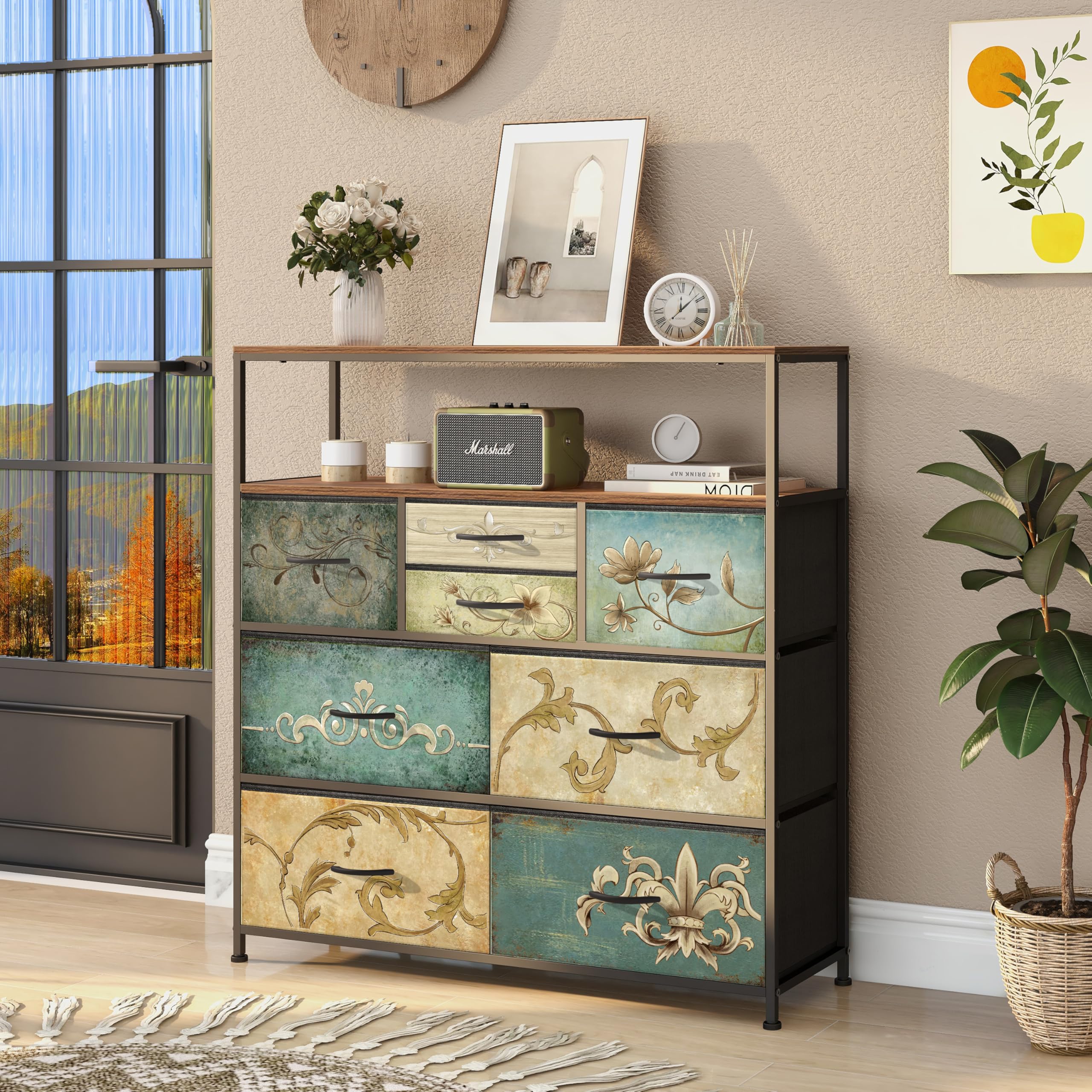 VEDECASA Comò con 8 cassetti in tessuto, tavolo da trucco in stile boemo, supporto TV per camera da letto, credenza con piano in legno, cassetti in tessuto e struttura in metallo, per soggiorno