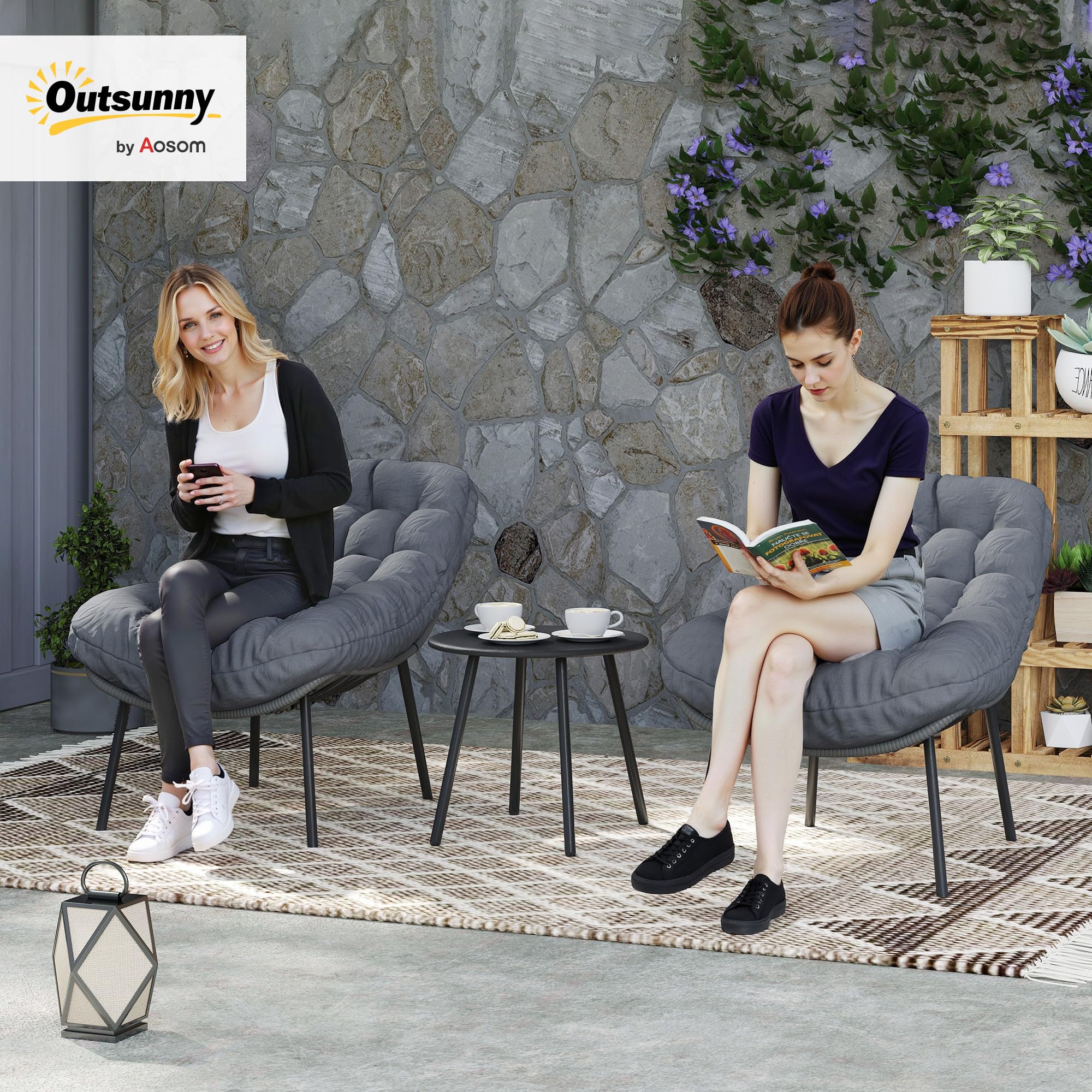 Outsunny Salon de Jardin Extérieur 2 Personnes en Résine Tressée Acier Gris