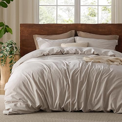 Bedsure 100% Washed Cotton Duvet Cover Cal King - Linen Grey Minimalist Duvet Cover Linen Like - GentleSoft™ Plain Simple Bedding Set with 2 Pillow Shams (Linen Grey, California King, 104"x98")