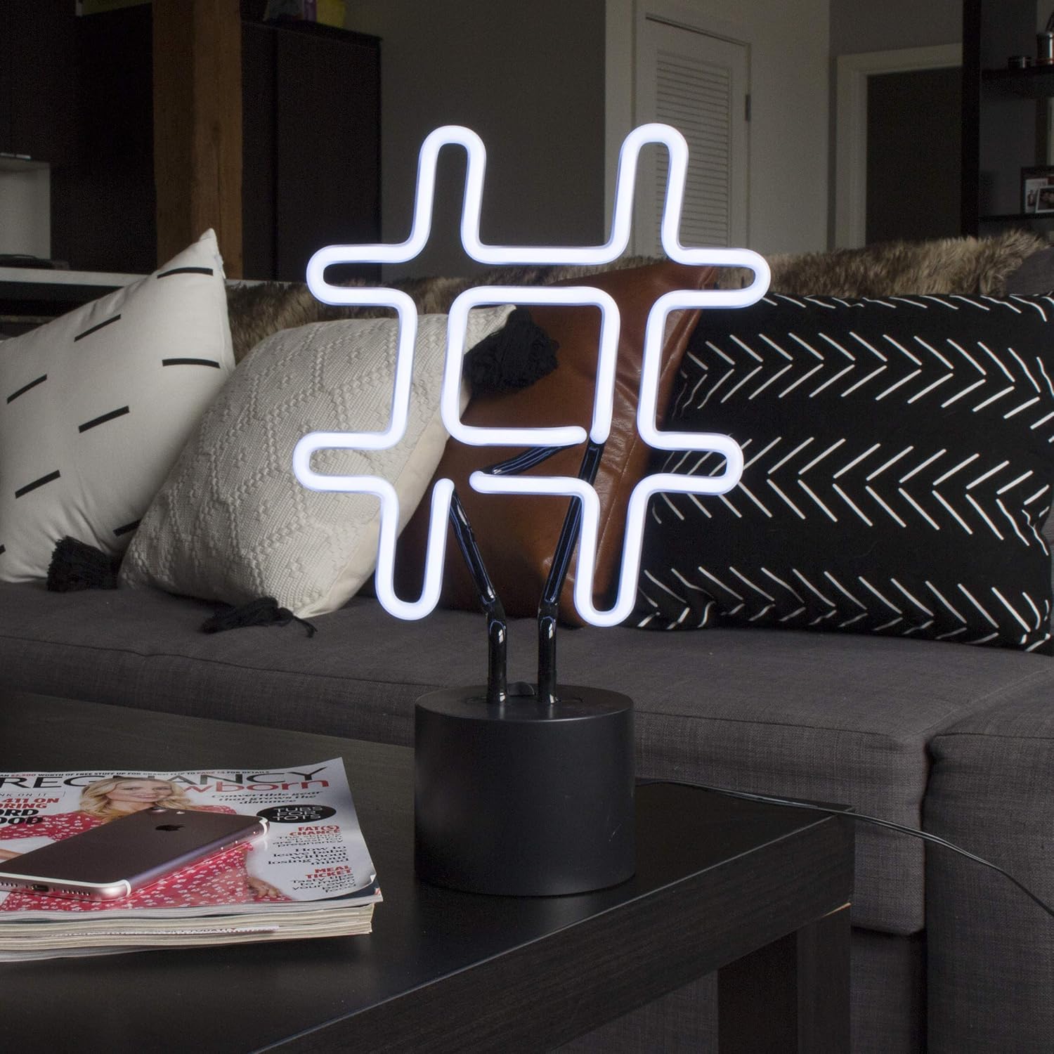 Weekly Top Sale Amped & Co Neon Hashtag Symbol Desk Light, Real Neon, White, Large 8 x 13 inches, Home Decor Neon Signs For Unique Rooms