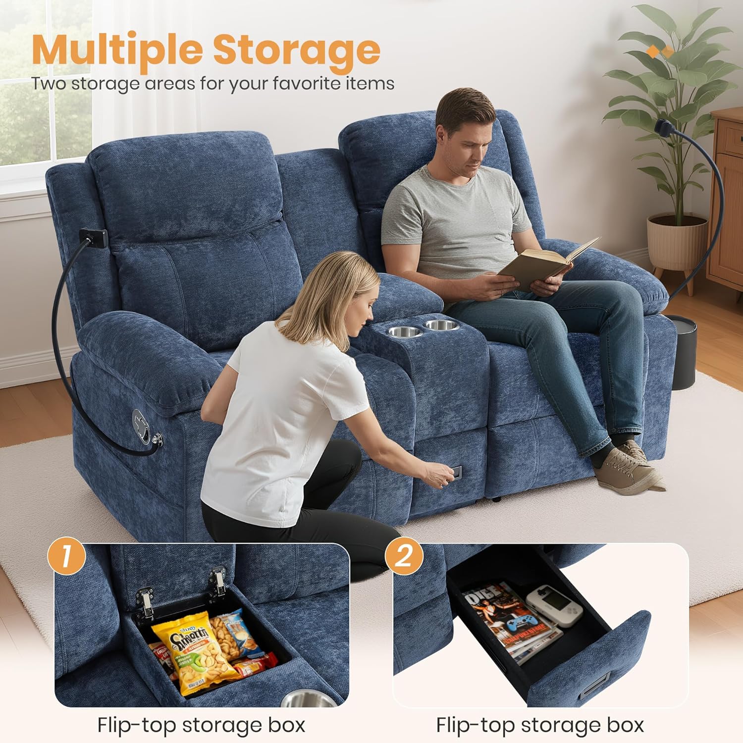 Loveseat Recliner Sofa with Console, Double Recliner Loveseat with Cell Phone Holder, Cup Holder & USB Type C, Manual Reclining Loveseat Sofa Couch for Living Room, RV,Home Theater (Blue)