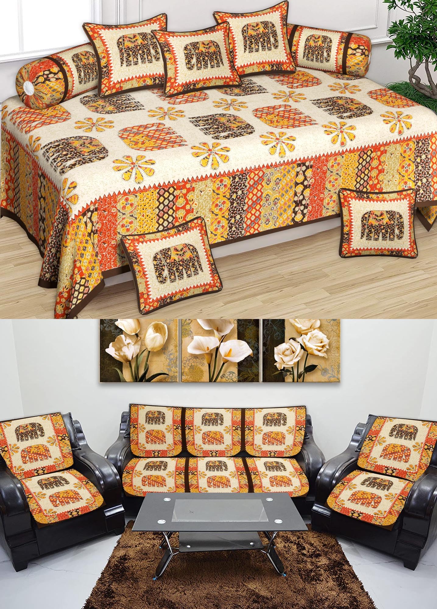 Animal Print Cotton ROOMSET |Diwan & Sofa Cover Set Combo| Single Bedsheet, 2 Bolster Covers, 5 Cushion Covers and Five Seater Sofa Cover Set (Brown)-image-19