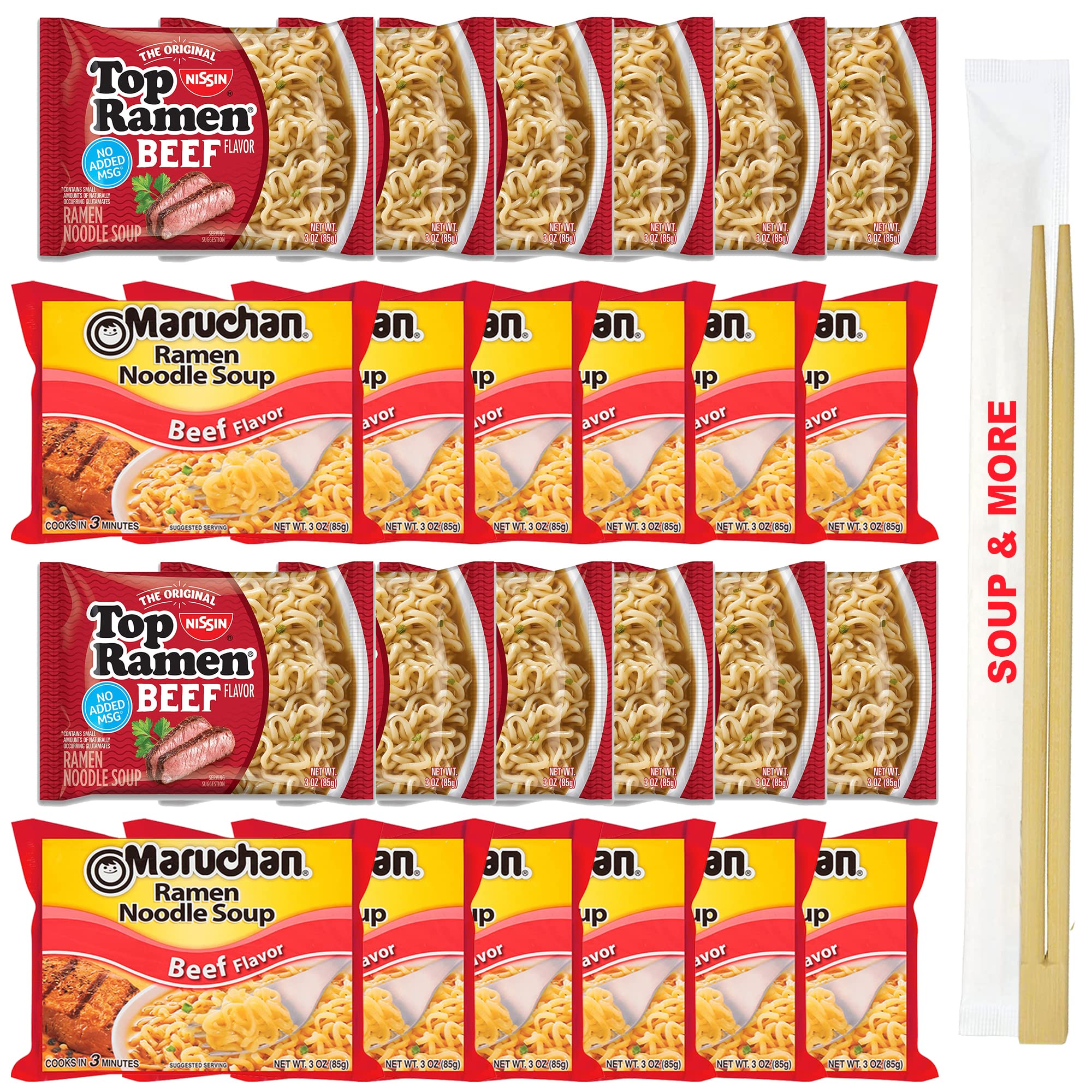 Maruchan Ramen Instant Beef Flavor Soup 12 Noodles Packs & 12 Nissin Packs Beef Noodles Flavor Lunch/Dinner Variety, 24 Count, 2 Flavors