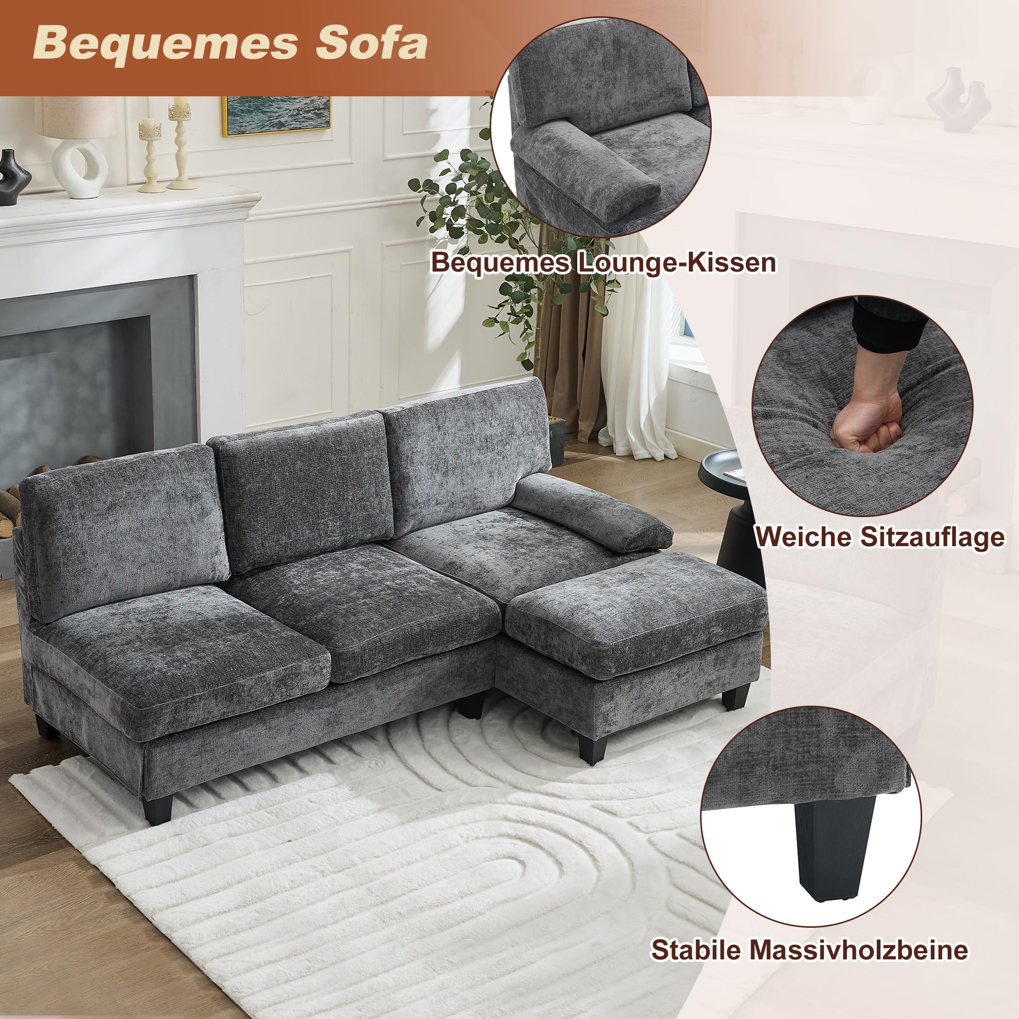 Sofa narożna szara z funkcją spania, 3-osobowa sofa z materiału 194 x 118