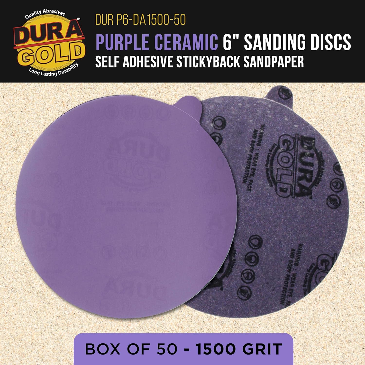 Dura-Gold Premium 1500 Grit 6" PSA Purple Film Ceramic Sanding Discs, Box of 50 - Self Adhesive Stickyback Sandpaper for DA & Random Orbital Sanders - Abrasive Sand Auto Paint, Metal, Wood Woodworking