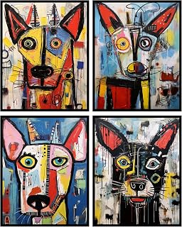 Abstract Dogs - Jean Michel Basquiat inspired prints. 4 Prints in the set. Each print is 8x10 inches in size. Wall art decor that is for a graffiti, pop art, dog lover.
