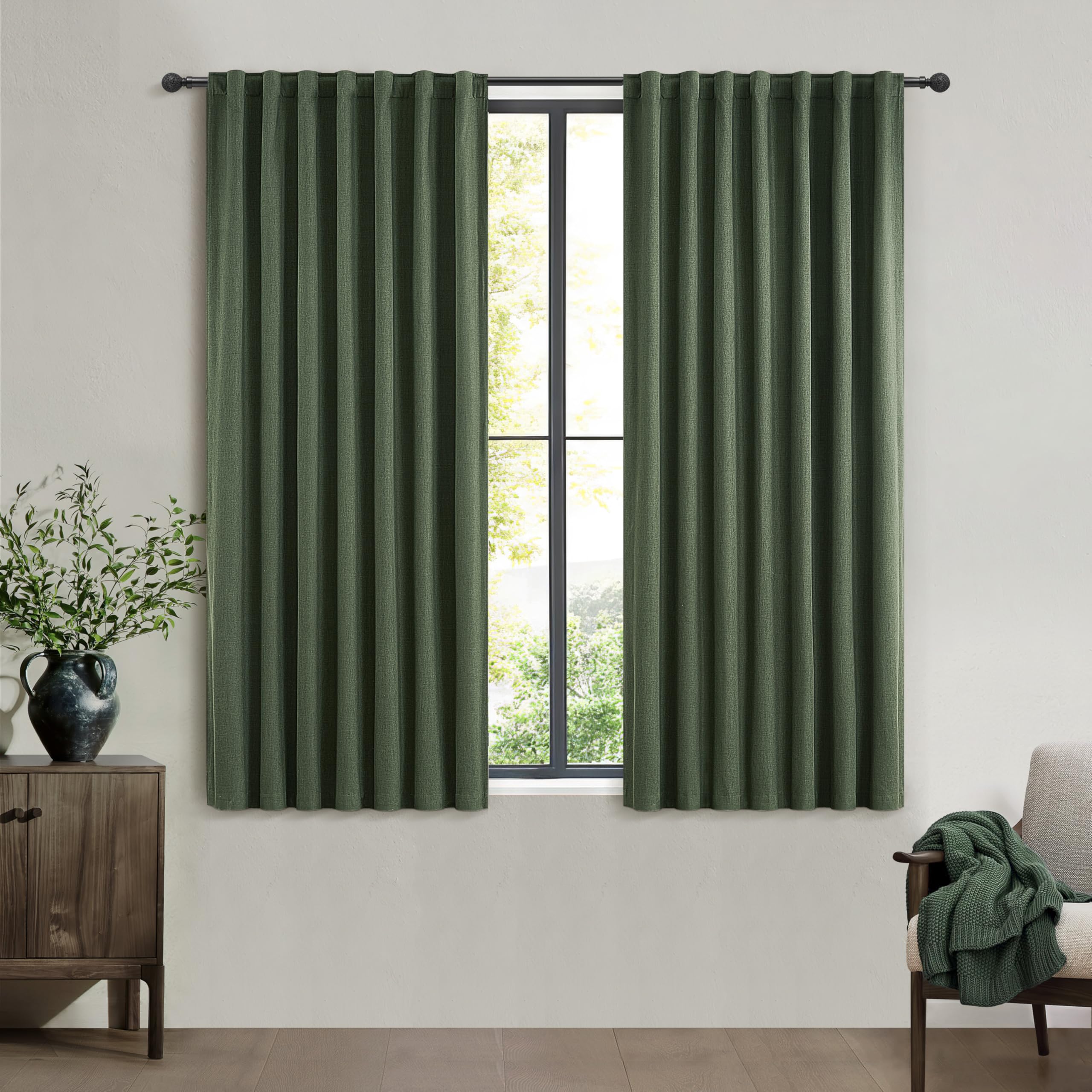 QJmydeco 45 Inch Kitchen Curtains Sets for Windows, Faux Linen Blackout Pleated Aesthetic Basement Window Curtain Back Tab 2 Panels Insulated Drapes Olive Green (50" W x 45" L Hooks&Rings Included) โ image 1