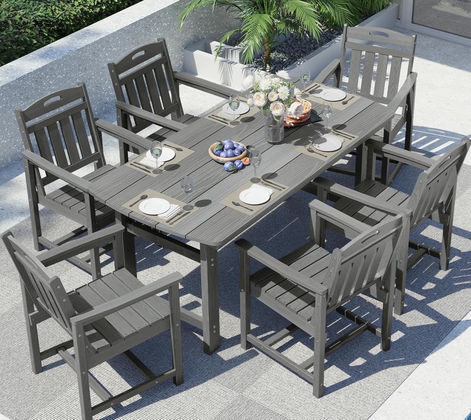 Ciokea HDPE Outdoor Dining Set 7-Piece Patio Table and Chairs with Umbrella Hole, All-Weather Patio Dining Set for 6, Durable Patio Furniture Set for Backyard, Garden, Lawn & Poolside, Grey