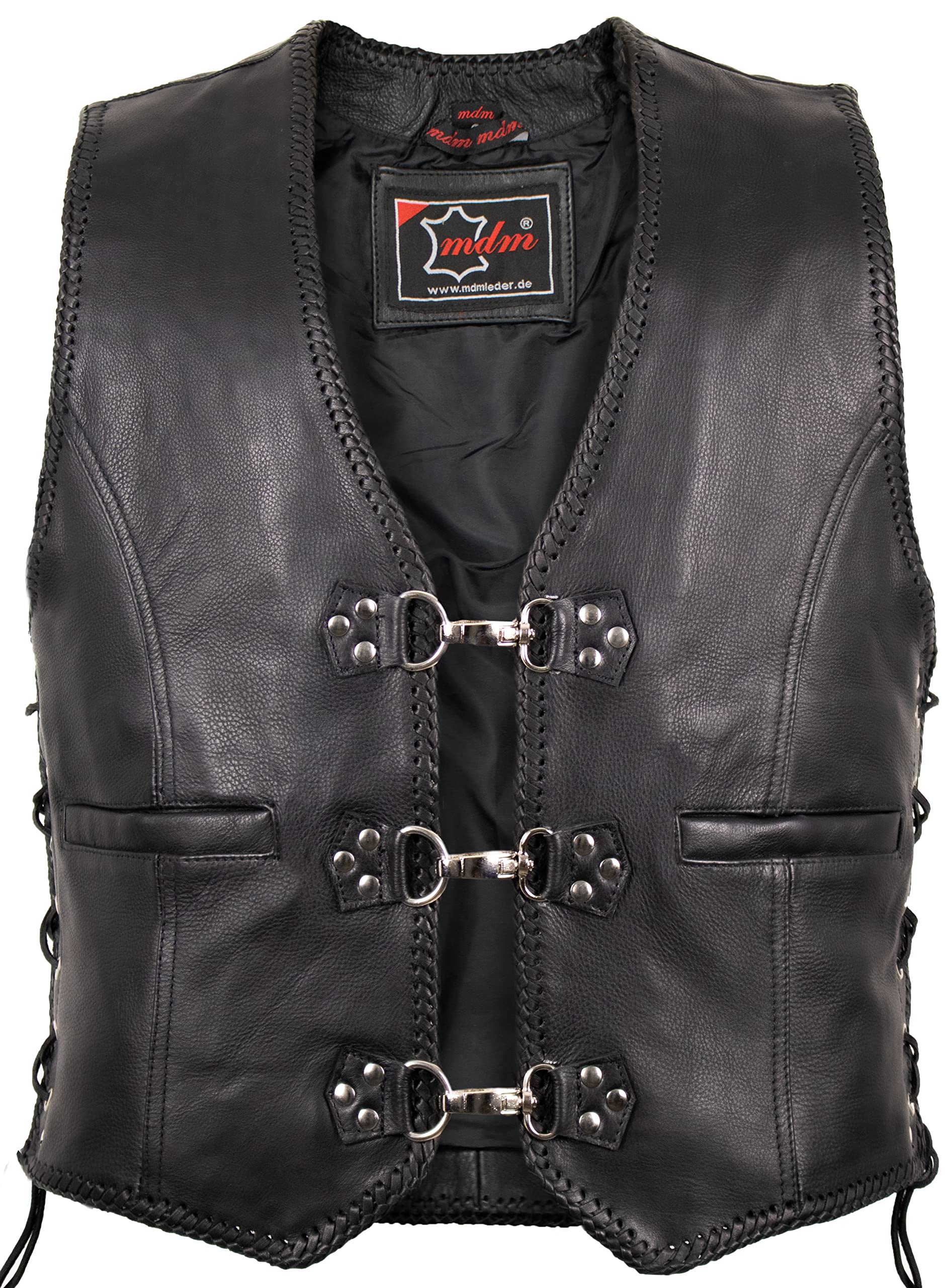 MDM Gilet pelle uomo biker – in vera pelle nera con fibbie cromate, lacci laterali regolabili e tasche multiple, stile chopper classico ideale per patch club moto