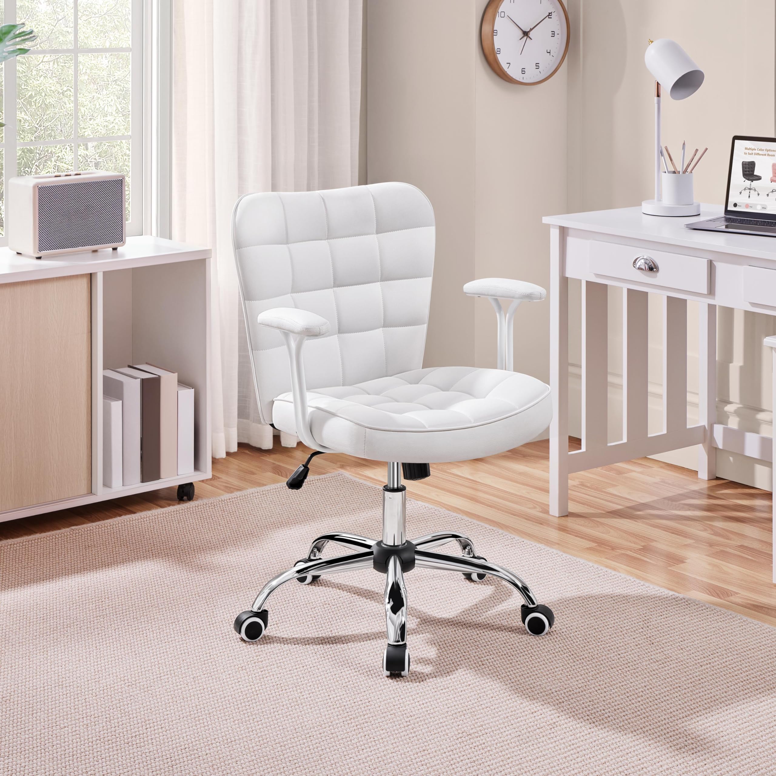 Yaheetech Homeoffice Stuhl Schreibtischstuhl Bürosessel Arbeitsstuhl aus Kunstleder, Drehstuhl mit Weichen Armlehnen, Höhenverstellbarer Polsterstuhl Computerstuhl mit Rollen, Weiß