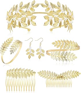 Grecian Goddess Costume Accessories Set for Women Greek Leaf Bracelet Golden Leaves Bridal Hair Crown Headband Artificial Pearl Leaf Earrings Golden Leaves Bridal Hair Comb for Wedding Party