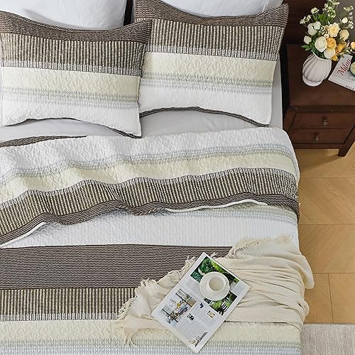 Miniatura 13 de Andency - Juego de ropa de cama Queen, edredón de patchwork azul mineral, 3 piezas, colcha de verano a rayas ultra suave y ligera, juego de 18 -