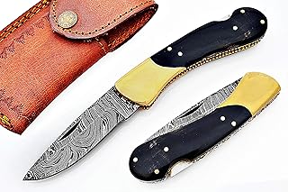 FB LEATHER CRAFTS Handmade Damascus Steel Pocket Folding Knife/Pocket Knife FBK-18793 New Year Gift, Gift for Brother, Gift of Father (Real Black Bull Horn)