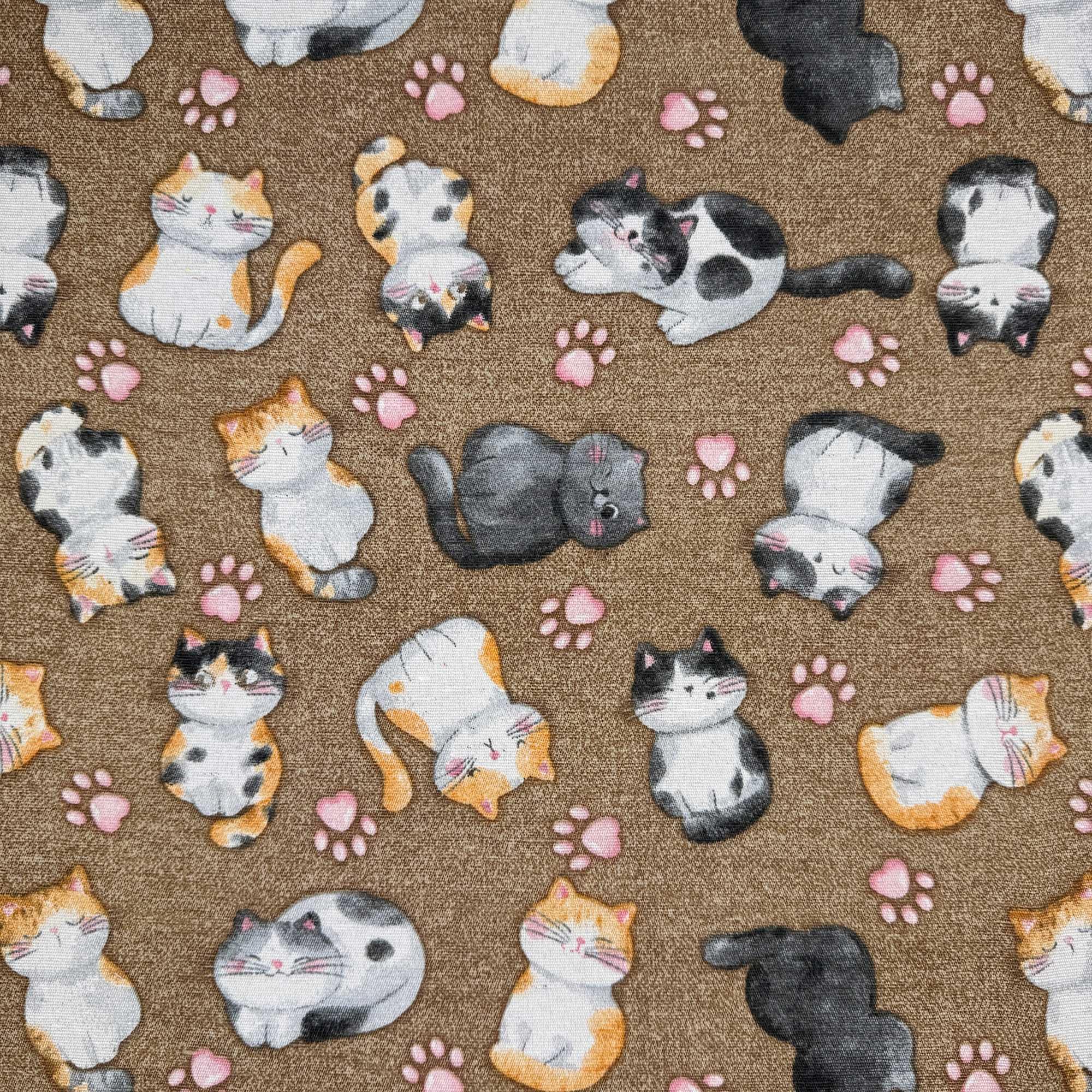 Novelty Designer Prints Cotton Rich Linen Look Quilting Craft Project Cushion Curtain Furnishing Upholstery Home Fabric Material | 55" - 140 cm Wide (per Metre, Kitty Kat Mocha)