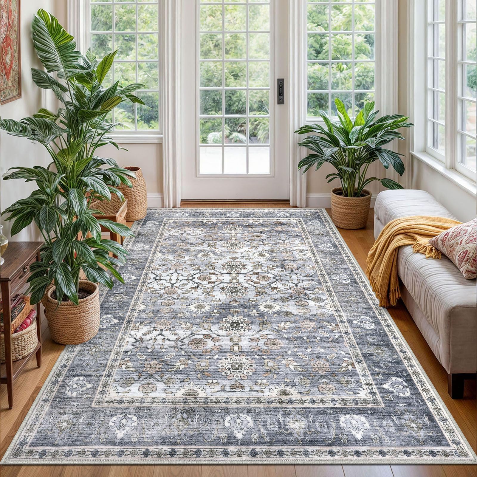 KUTA Grey Blue Vintage Floral 4x6 Washable Rug