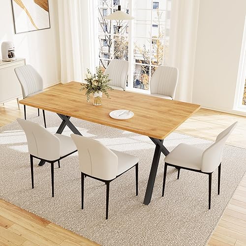 Vista 8 de Juego de mesa de comedor de 7 piezas para 6 personas, mesa de cocina MDF de 63 pulgadas con 6 sillas tapizadas, patas de metal para comedor, cocina
