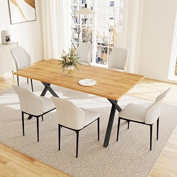 HIPIHOM 7-Piece Dining Table Set for 6 People, 63" MDF Kitchen Table with 6 Upholstered Chairs, Metal Legs for Dining Room, KitchenOak Table+6 White Chairs